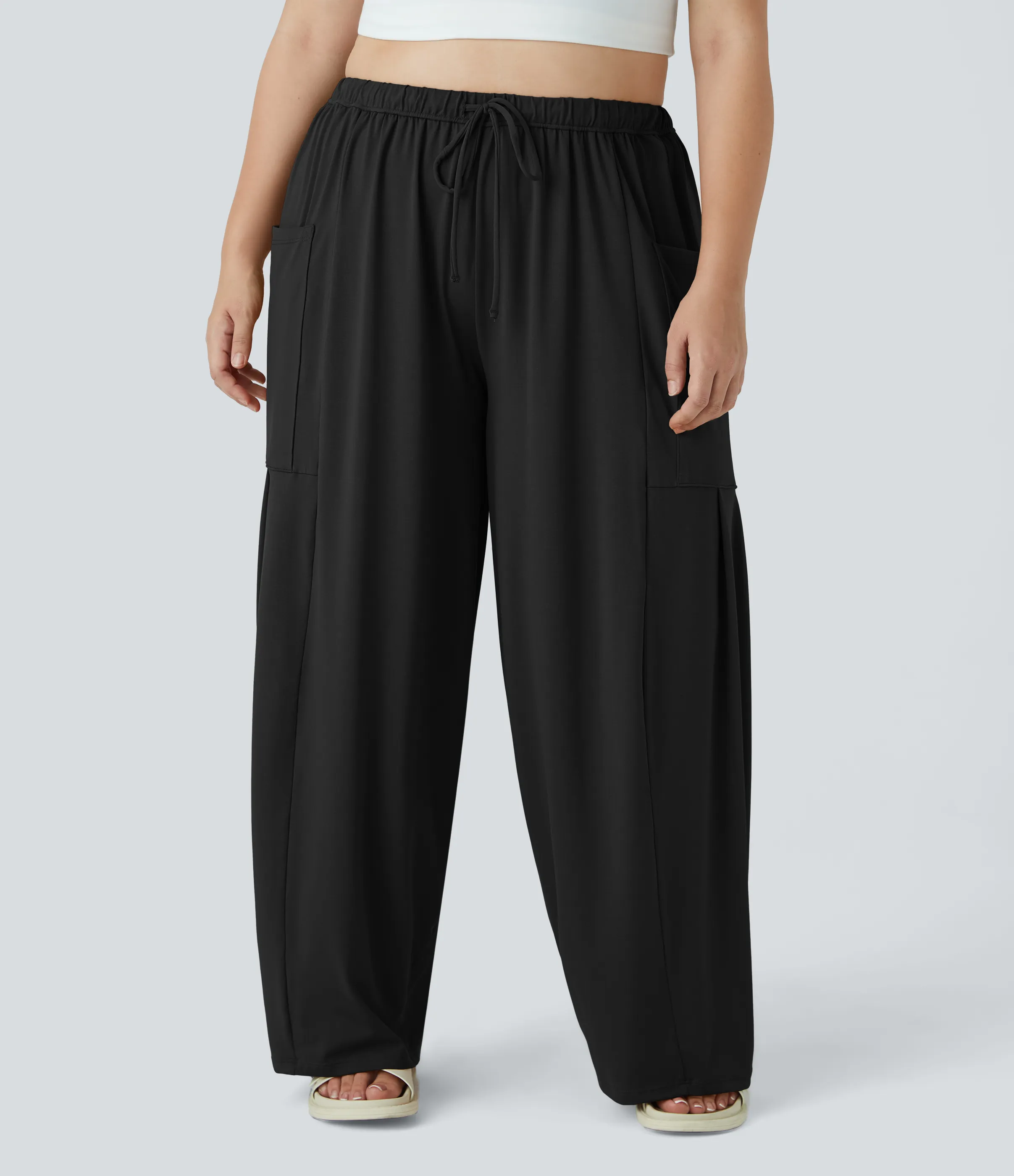 Halara Pantalones Palazzo fluidos de tiro medio con cintura elástica, cordón y bolsillos laterales en tallas grandes - Black - 2X(regular) sold by Halara product image thumbnail 4