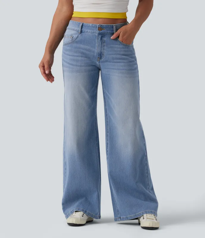 Halara Jeans Baggy Halara Flex™ Denim tiro bajo botón cremallera múltiple bolsillo elástico lavado holgado pierna ancha - Malibu Blue Denim - XS(regular) made by Halara