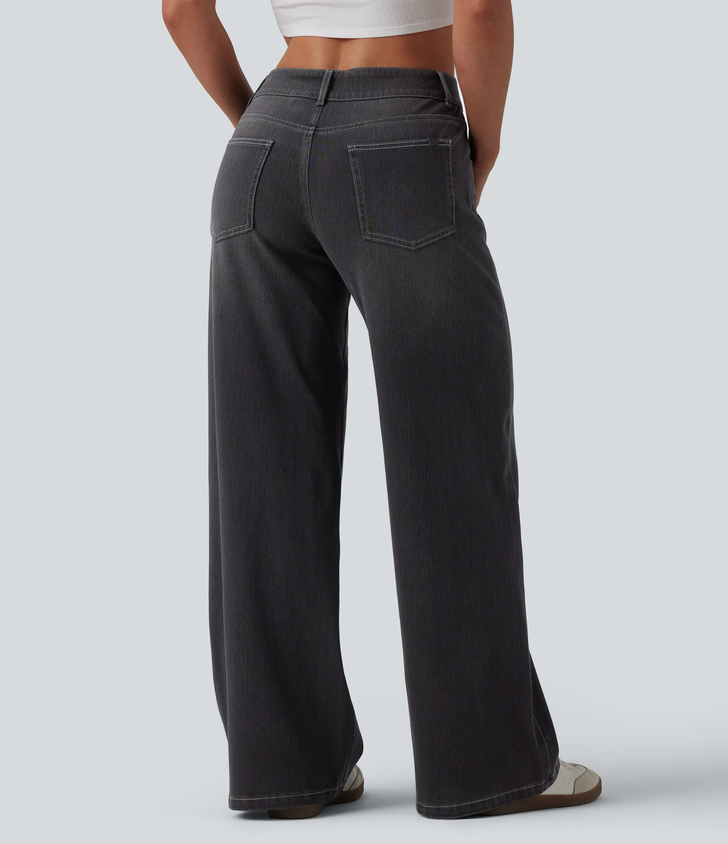 Halara Jeans Baggy Halara Flex™ Denim tiro bajo botón cremallera múltiple bolsillo elástico lavado holgado pierna ancha - Poppy Seed Denim - XL(regular) sold by Halara product image thumbnail 3