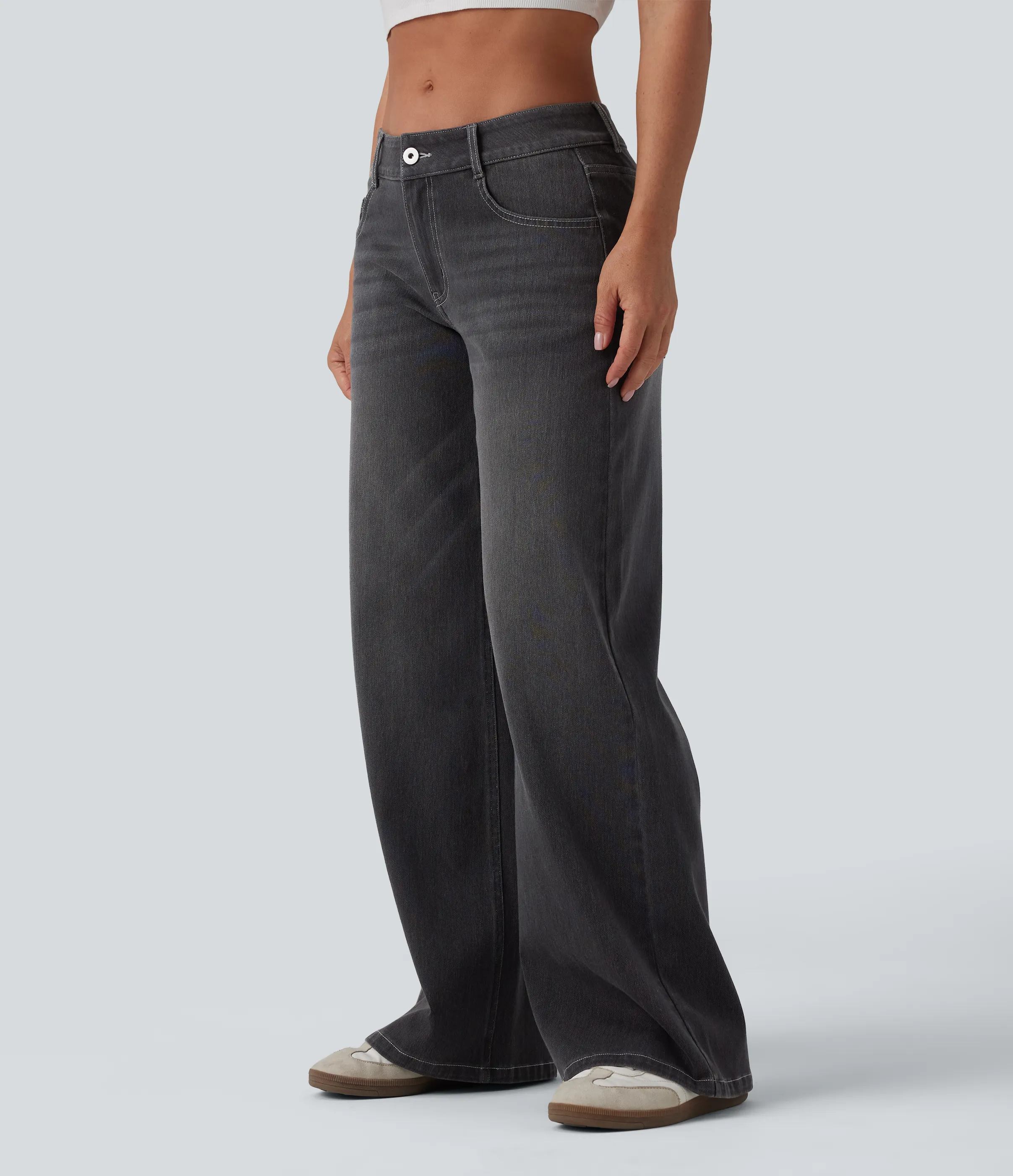 Halara Jeans Baggy Halara Flex™ Denim tiro bajo botón cremallera múltiple bolsillo elástico lavado holgado pierna ancha - Poppy Seed Denim - XL(regular) sold by Halara product image thumbnail 4