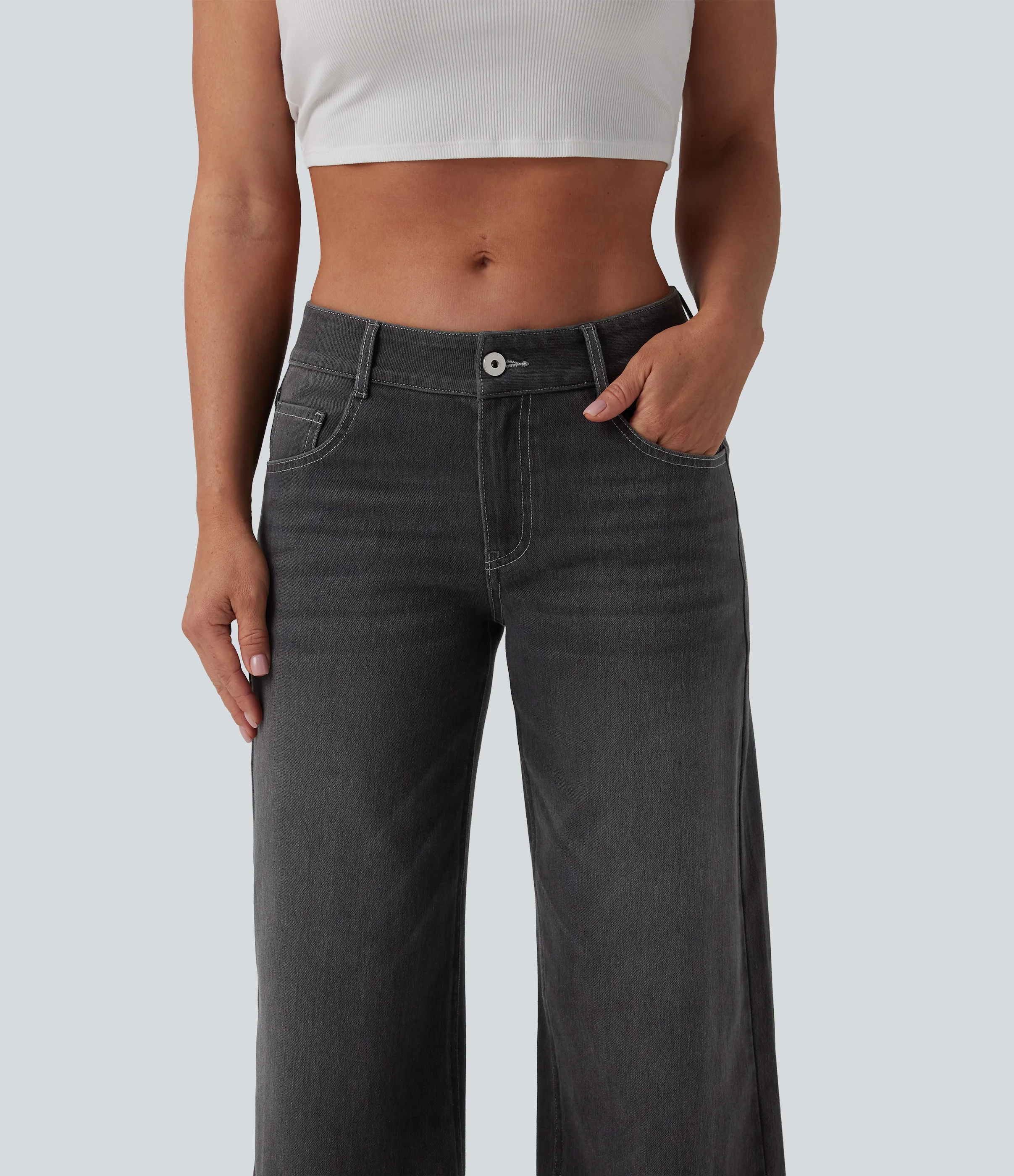 Halara Jeans Baggy Halara Flex™ Denim tiro bajo botón cremallera múltiple bolsillo elástico lavado holgado pierna ancha - Poppy Seed Denim - XL(regular) sold by Halara product image thumbnail 5