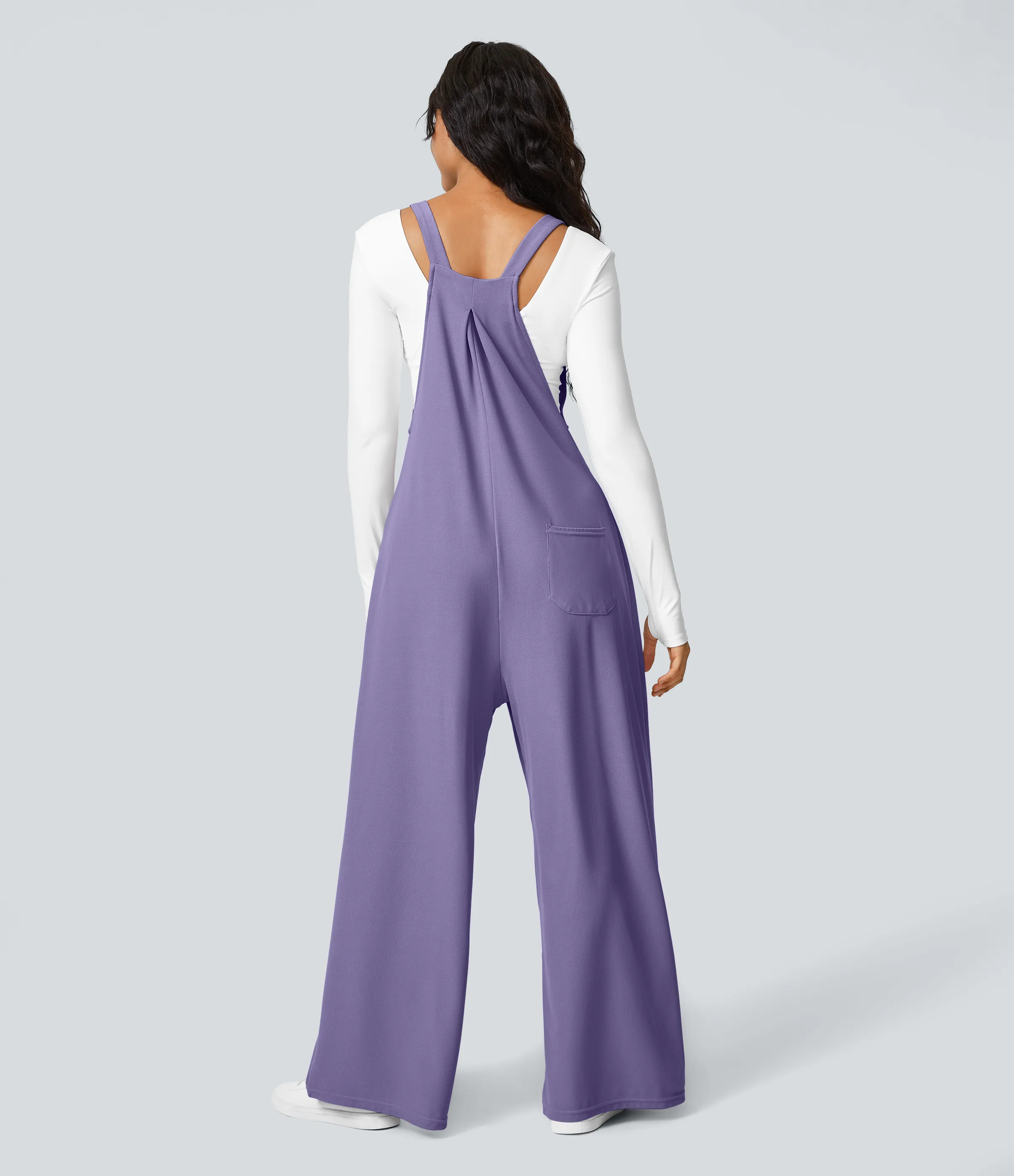 Halara Overol botón correa ajustable bolsillo múltiple gofre plisado - Mellow Purple - M(petite) sold by Halara product image thumbnail 4