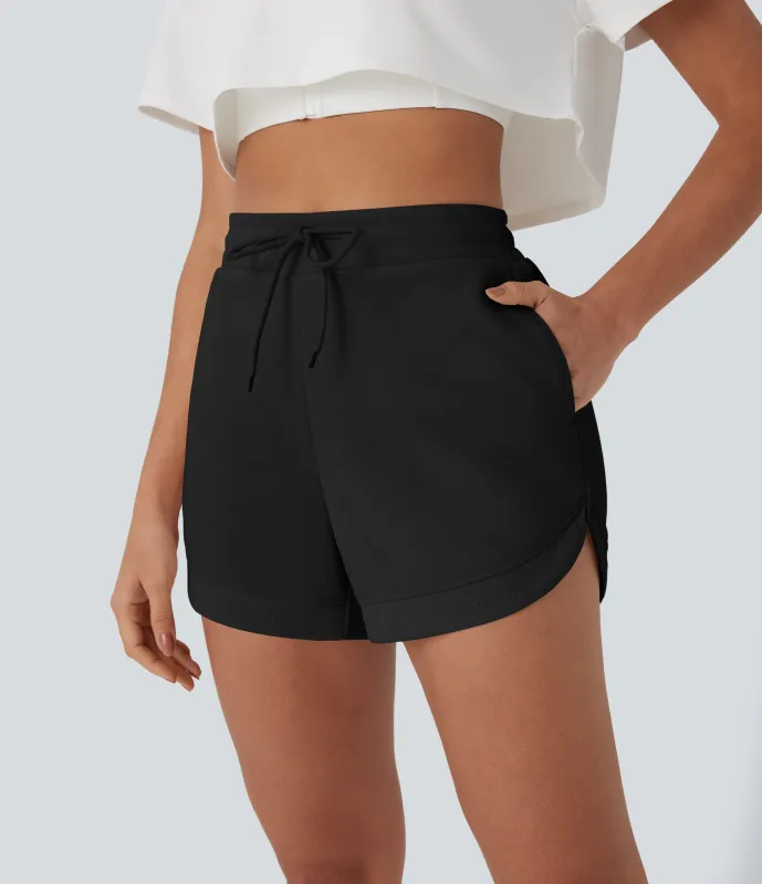 Halara Shorts de yoga de tiro alto con cordón ajustable, tejido en contraste, dobladillo curvo y bolsillos - Black - L made by Halara