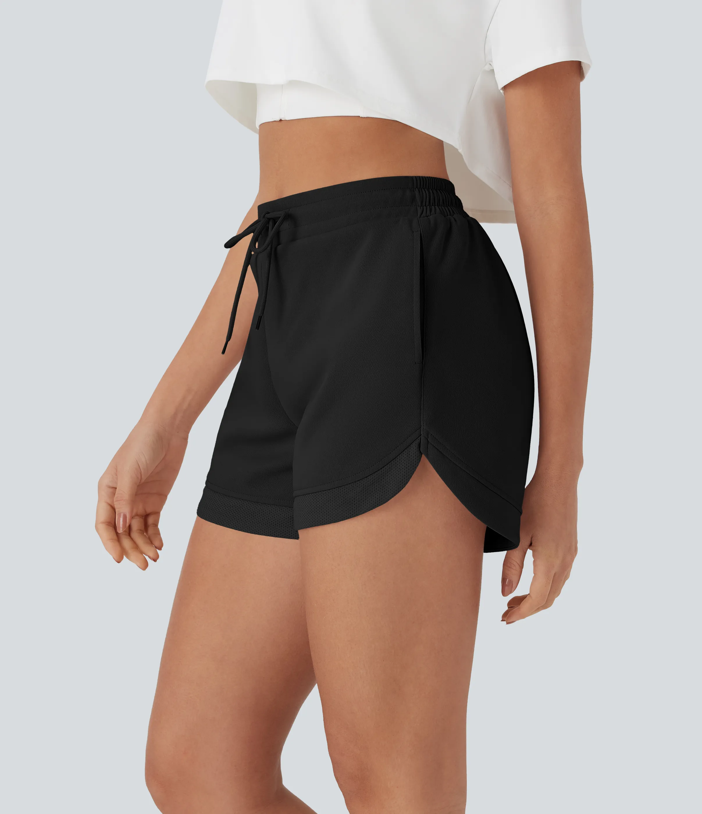Halara Shorts de yoga de tiro alto con cordón ajustable, tejido en contraste, dobladillo curvo y bolsillos - Black - L sold by Halara product image thumbnail 5