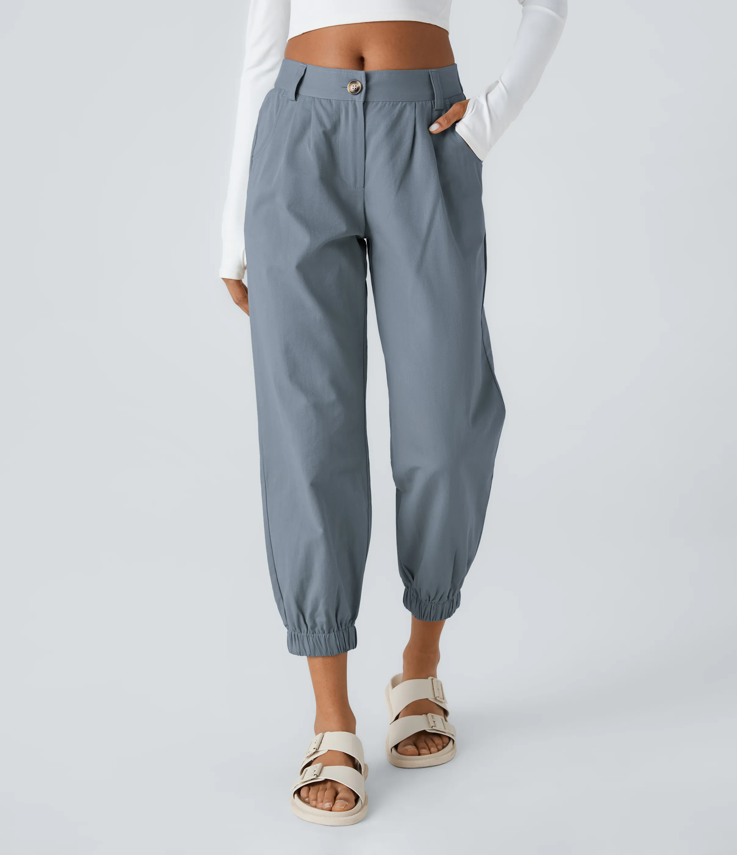Halara Joggers algodón bolsillo lateral cremallera botón tiro medio - Grisaille - XS(petite) sold by Halara