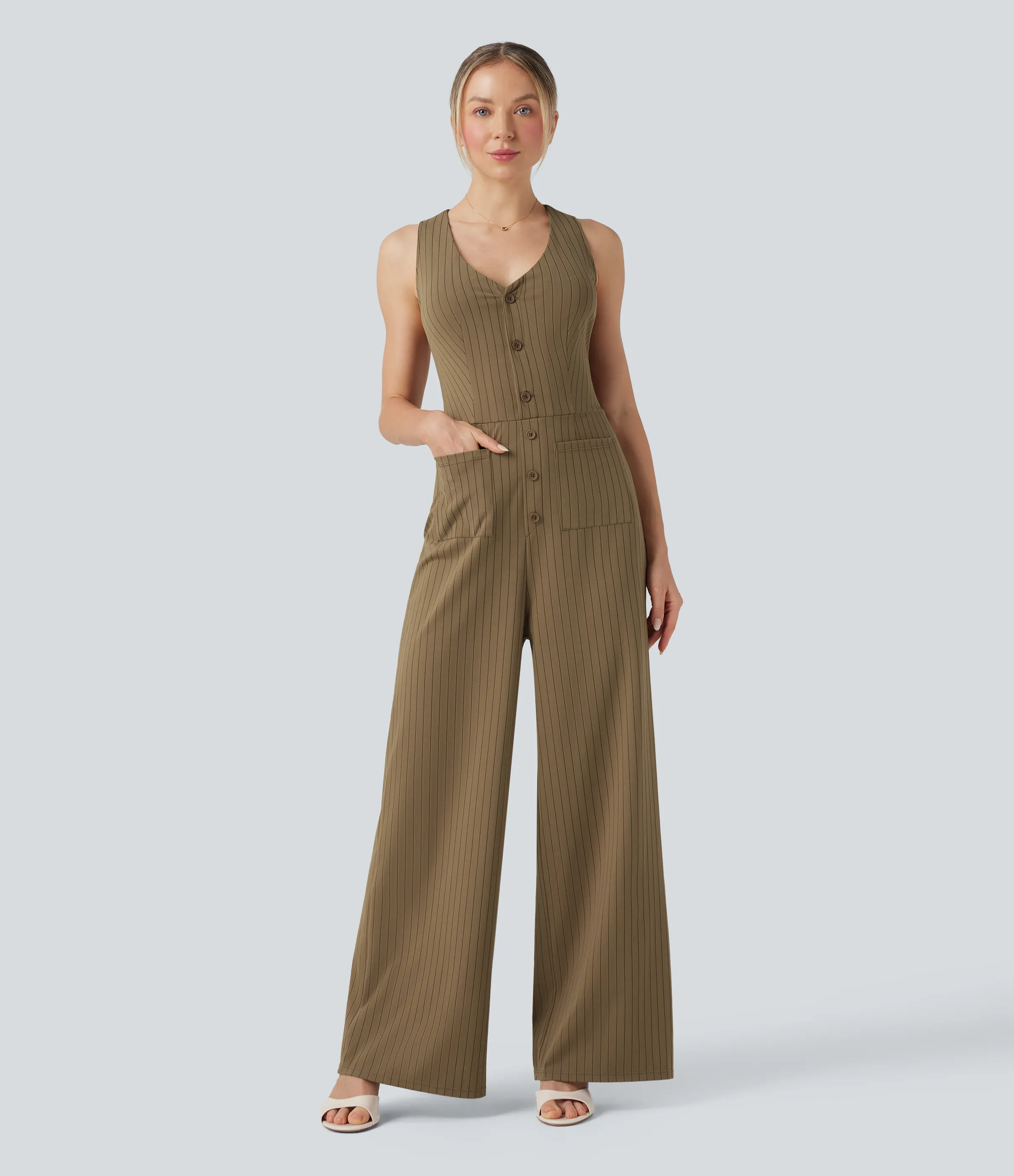 Halara Mono oficina cuello V sin mangas bolsillo delantero recortado pierna ancha rayas tacto fresco - Brown Pinstripe - XS(regular) sold by Halara product image thumbnail 2