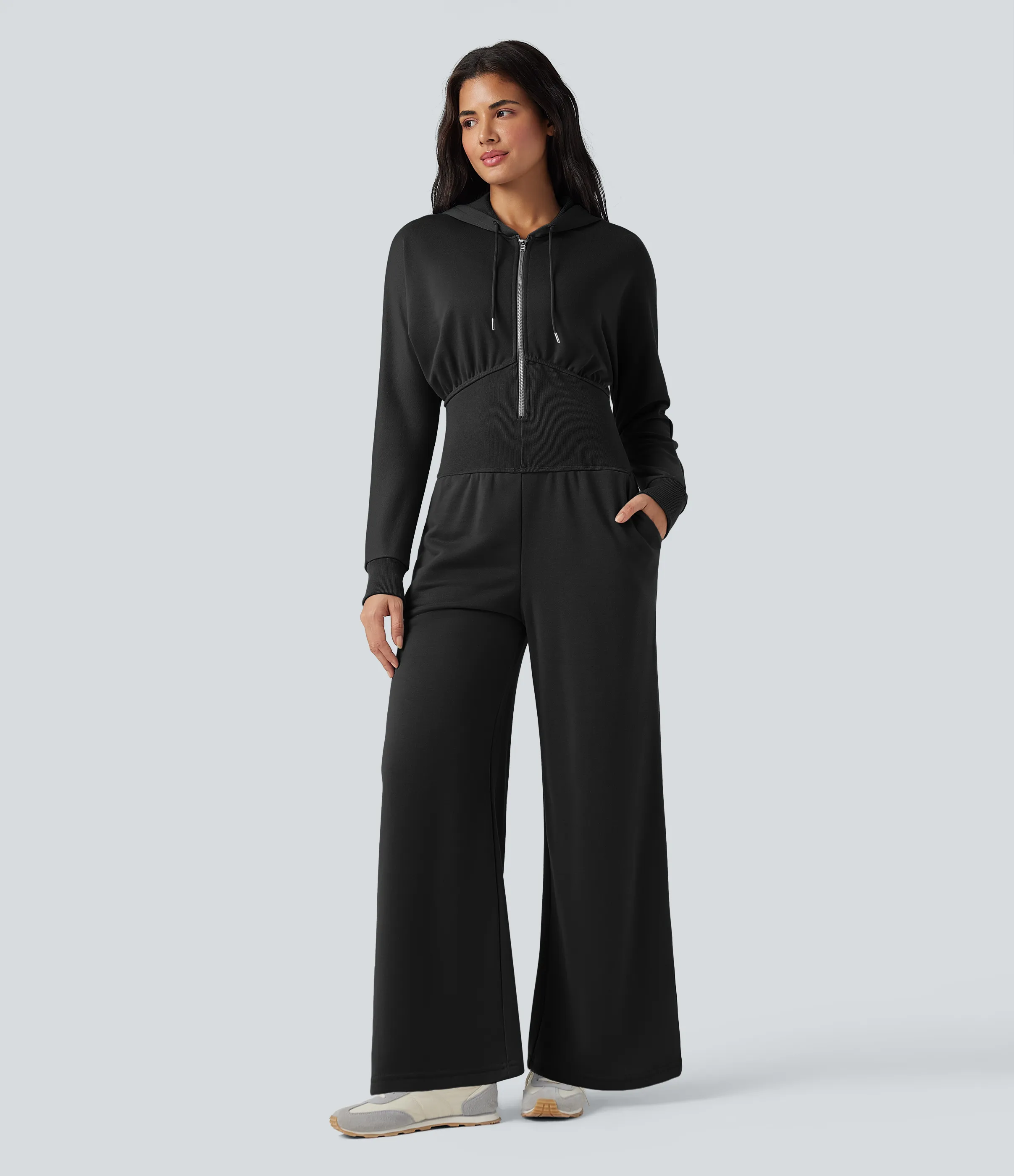 Halara Jumpsuit casual de manga larga con capucha y cordón ajustable con bolsillos - Black - M(regular) sold by Halara product image thumbnail 2