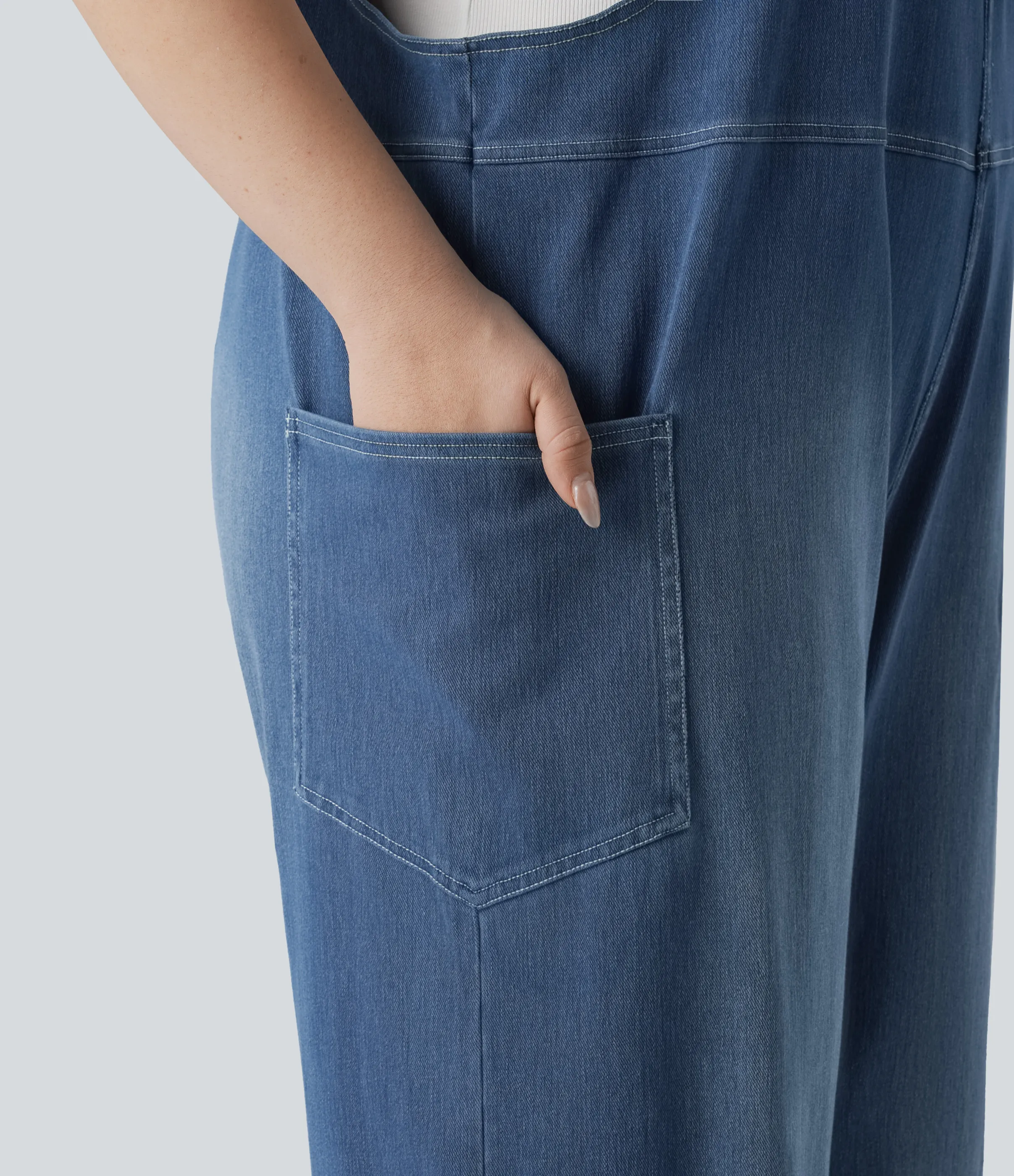 Halara Overol Halara Flex™ Denim mezclilla elástica lavada cuello en V y bolsillos de tallas grandes - Frost Blue Denim - 1X(regular) sold by Halara product image thumbnail 5