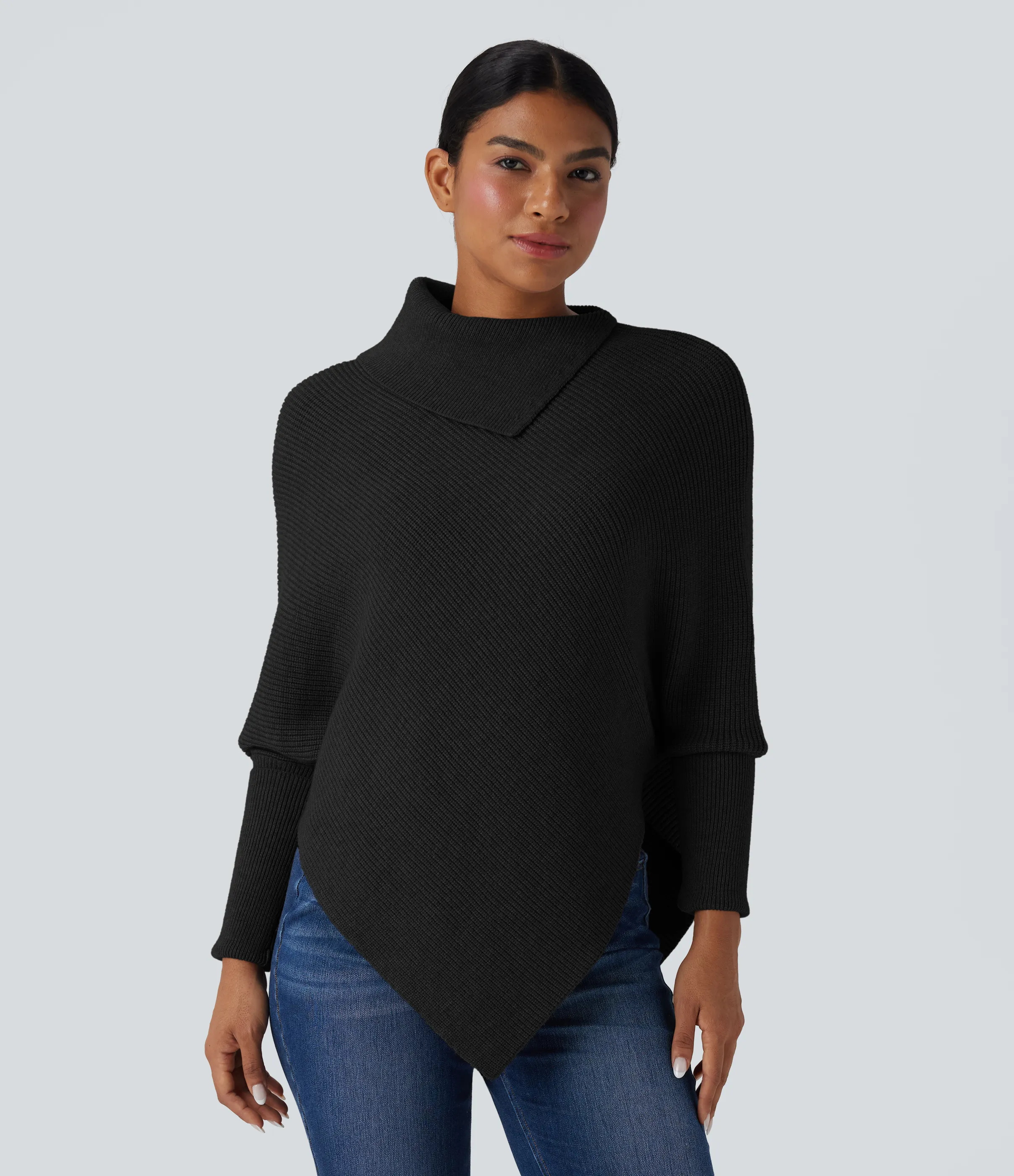 Halara Suéter casual de cuello alto con mangas murciélago y dobladillo asimétrico - Black - M sold by Halara product image thumbnail 5