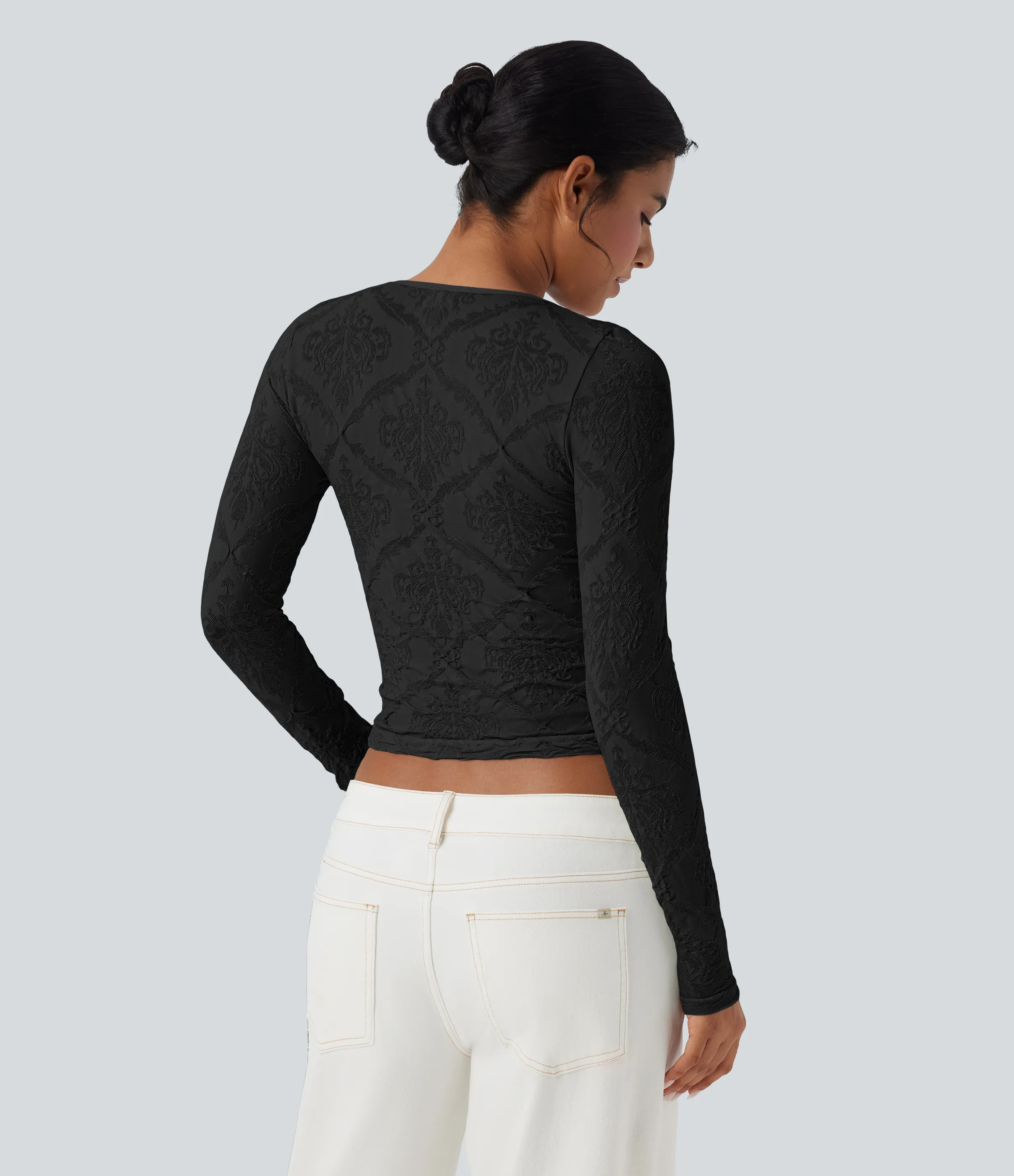 Halara Top deportivo casual jacquard de manga larga con escote en forma de corazón sin costuras - Black - L sold by Halara product image thumbnail 3