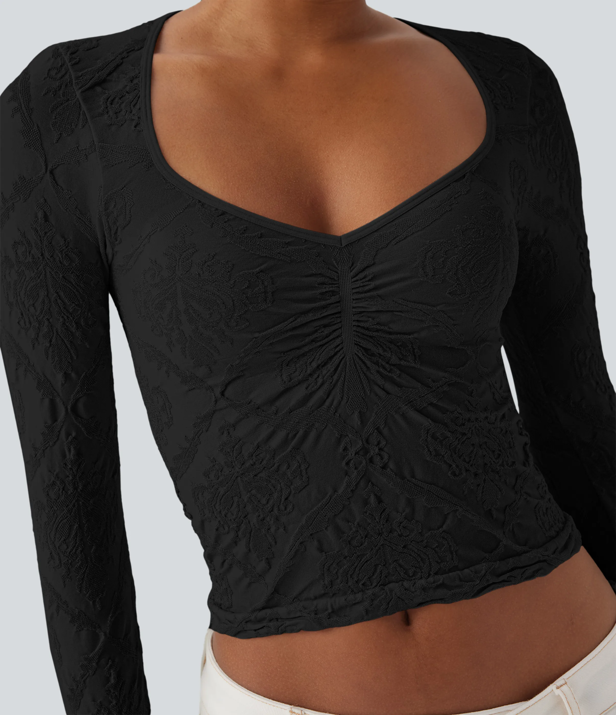 Halara Top deportivo casual jacquard de manga larga con escote en forma de corazón sin costuras - Black - L sold by Halara product image thumbnail 5