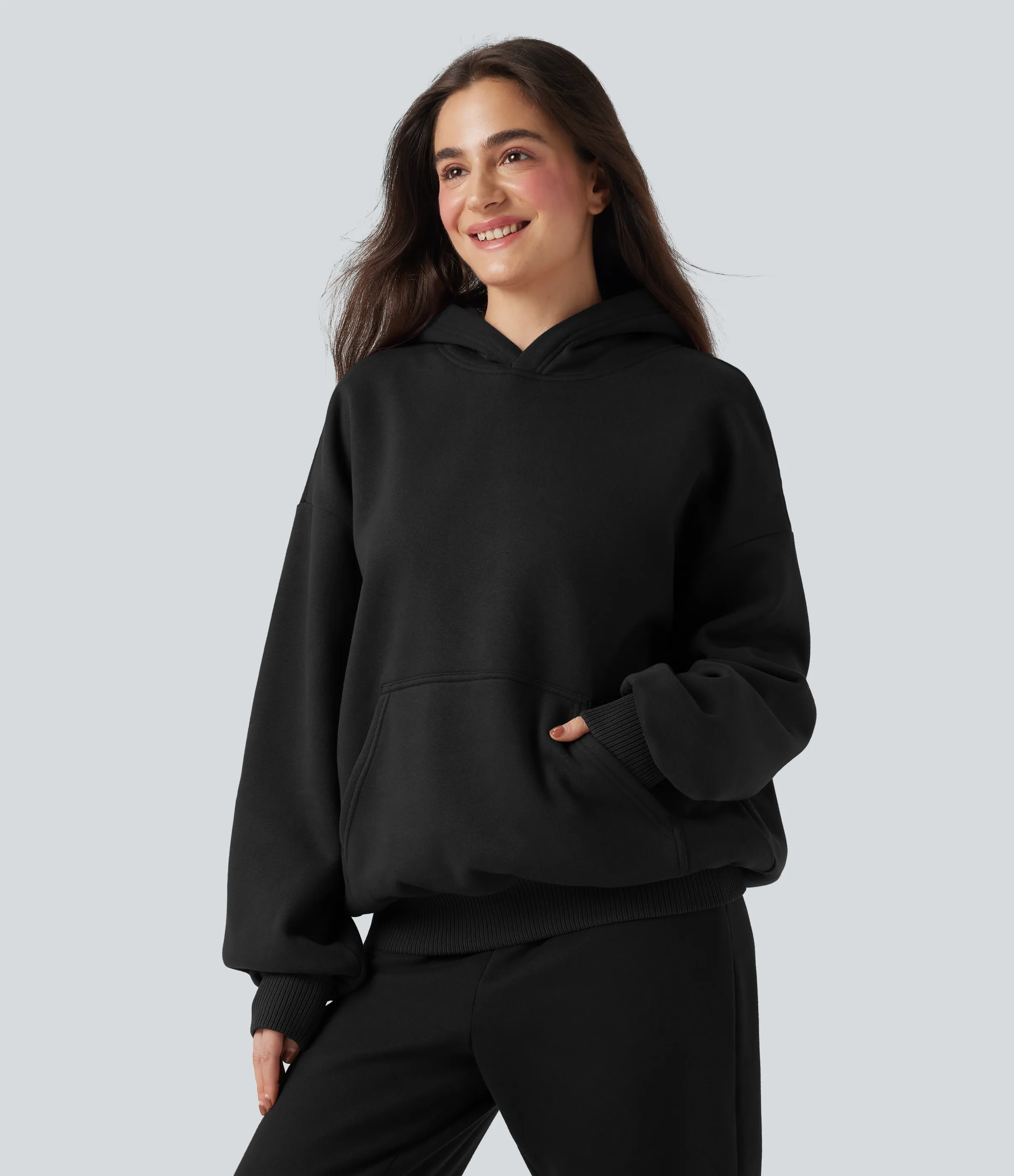 Halara Sudadera casual de algodón polar de manga larga con capucha y bolsillos - Black - M sold by Halara