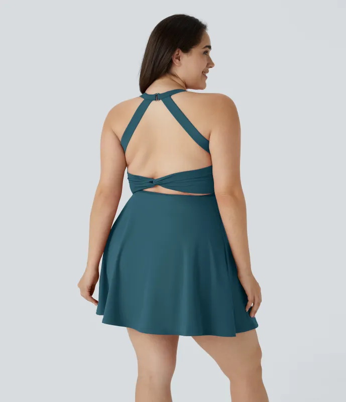 Halara Vestido talla grande ejercicio 2 en 1 corte bolsillo lateral retorcido sin espalda-Easy Peezy - Majolica Blue - 3X made by Halara