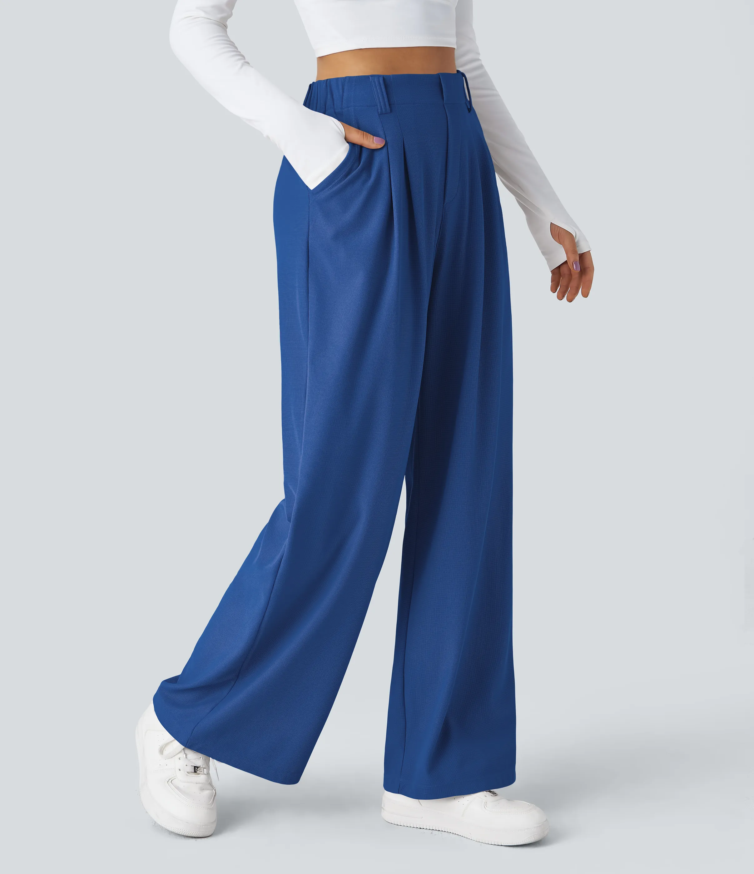 Halara Pantalones Halara Flex™ de oficina anchos plisados de tiro alto con bolsillos en tela tipo gofre - Deep Sapphire Blue - XL(petite) sold by Halara product image thumbnail 2