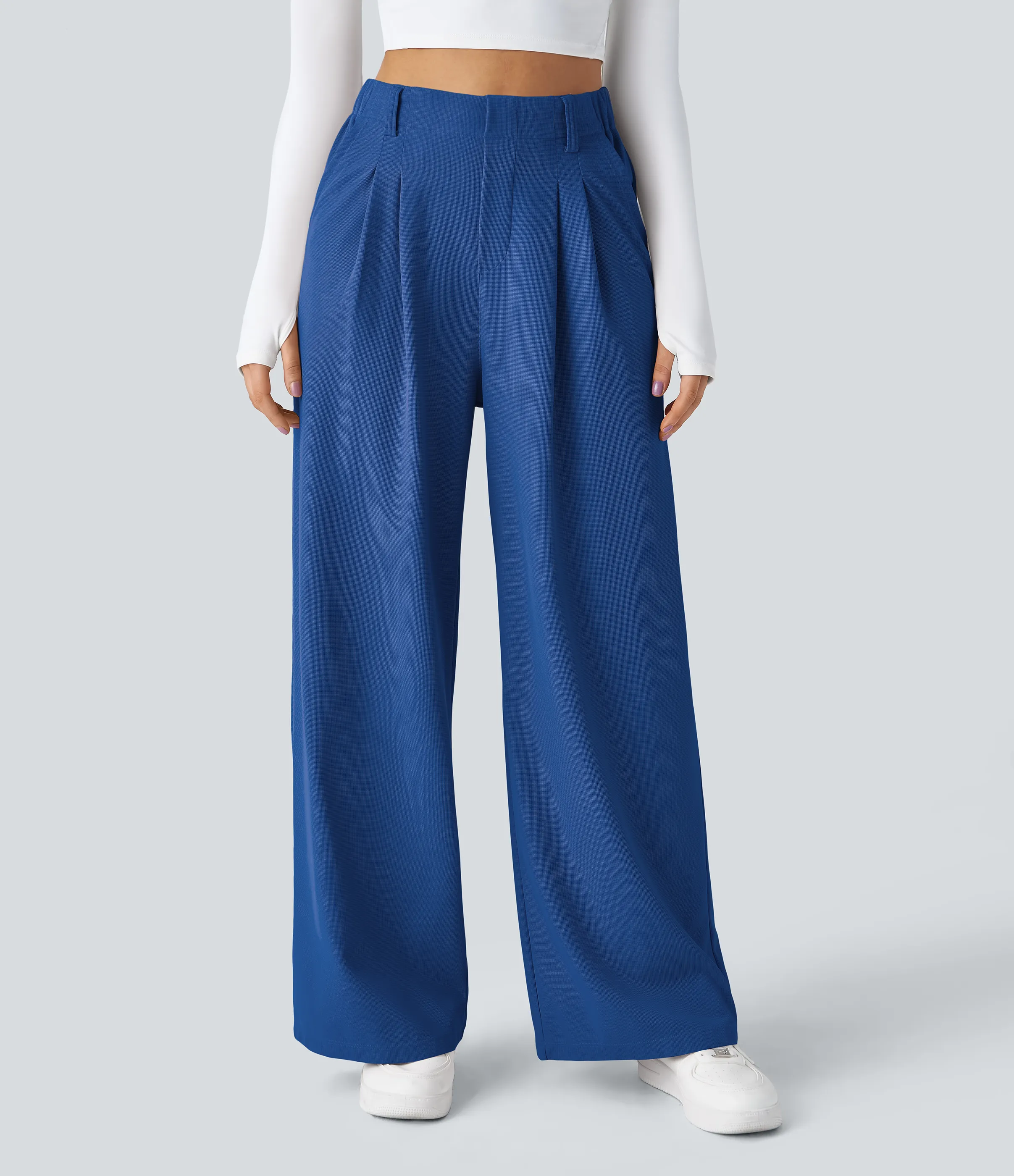 Halara Pantalones Halara Flex™ de oficina anchos plisados de tiro alto con bolsillos en tela tipo gofre - Deep Sapphire Blue - XL(petite) sold by Halara product image thumbnail 4