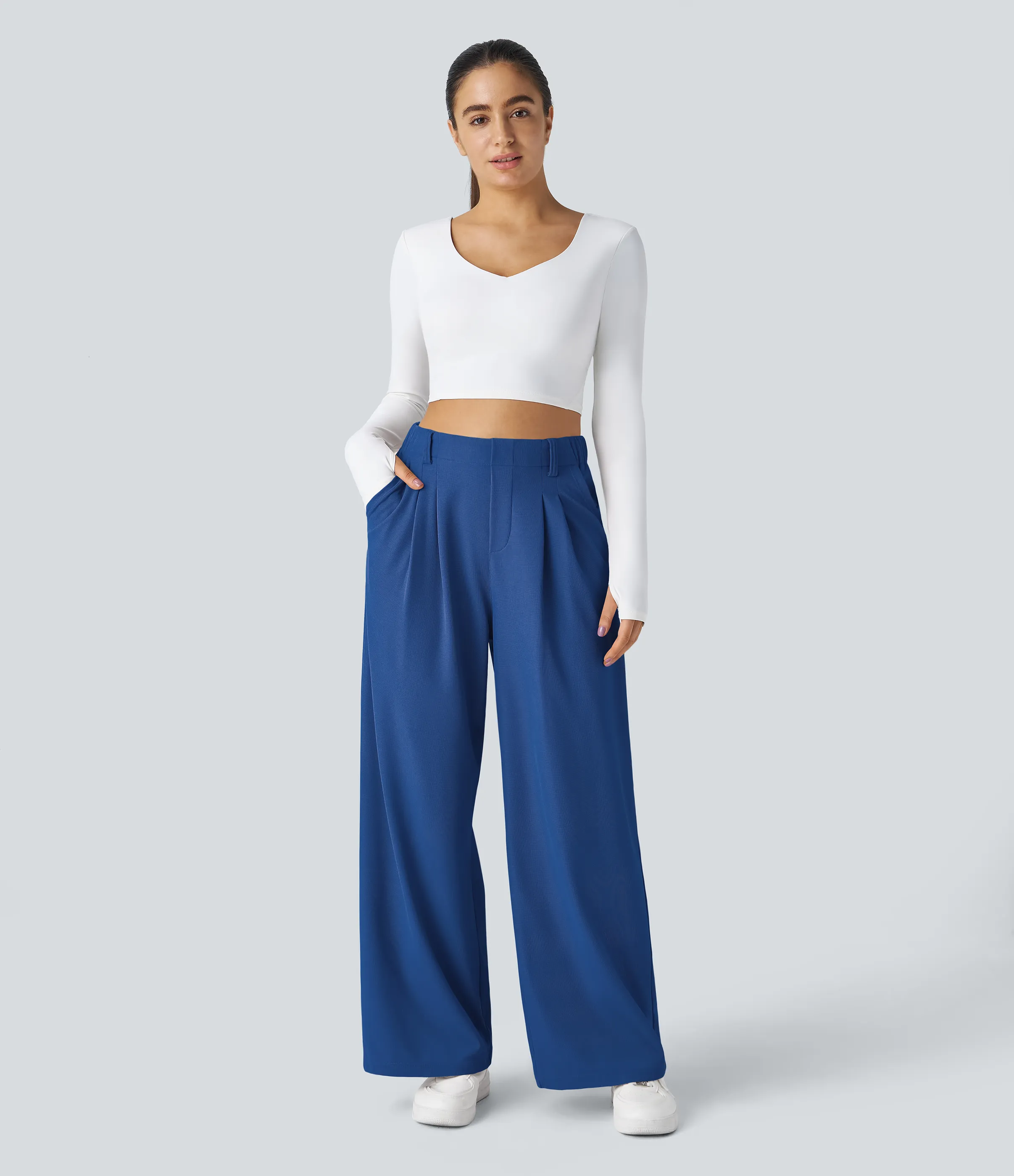 Halara Pantalones Halara Flex™ de oficina anchos plisados de tiro alto con bolsillos en tela tipo gofre - Deep Sapphire Blue - XL(petite) sold by Halara product image thumbnail 5