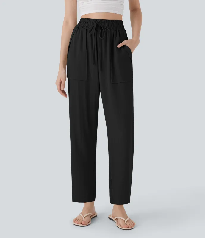 Halara Pantalones casuales de lino de tiro alto con cordón y bolsillos - Black - S(regular) made by Halara