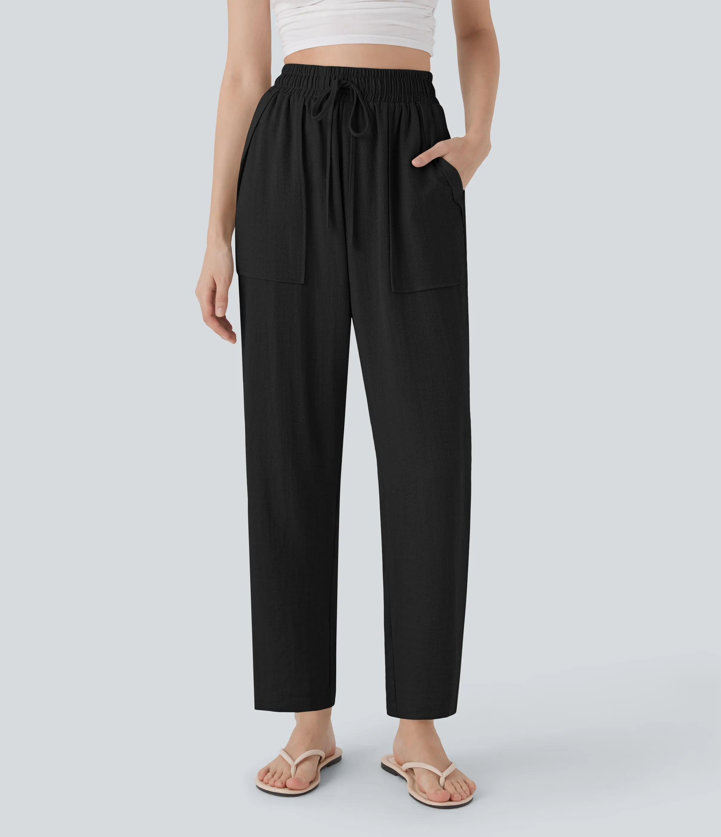 Halara Pantalones casuales de lino de tiro alto con cordón y bolsillos - Black - S(regular) sold by Halara