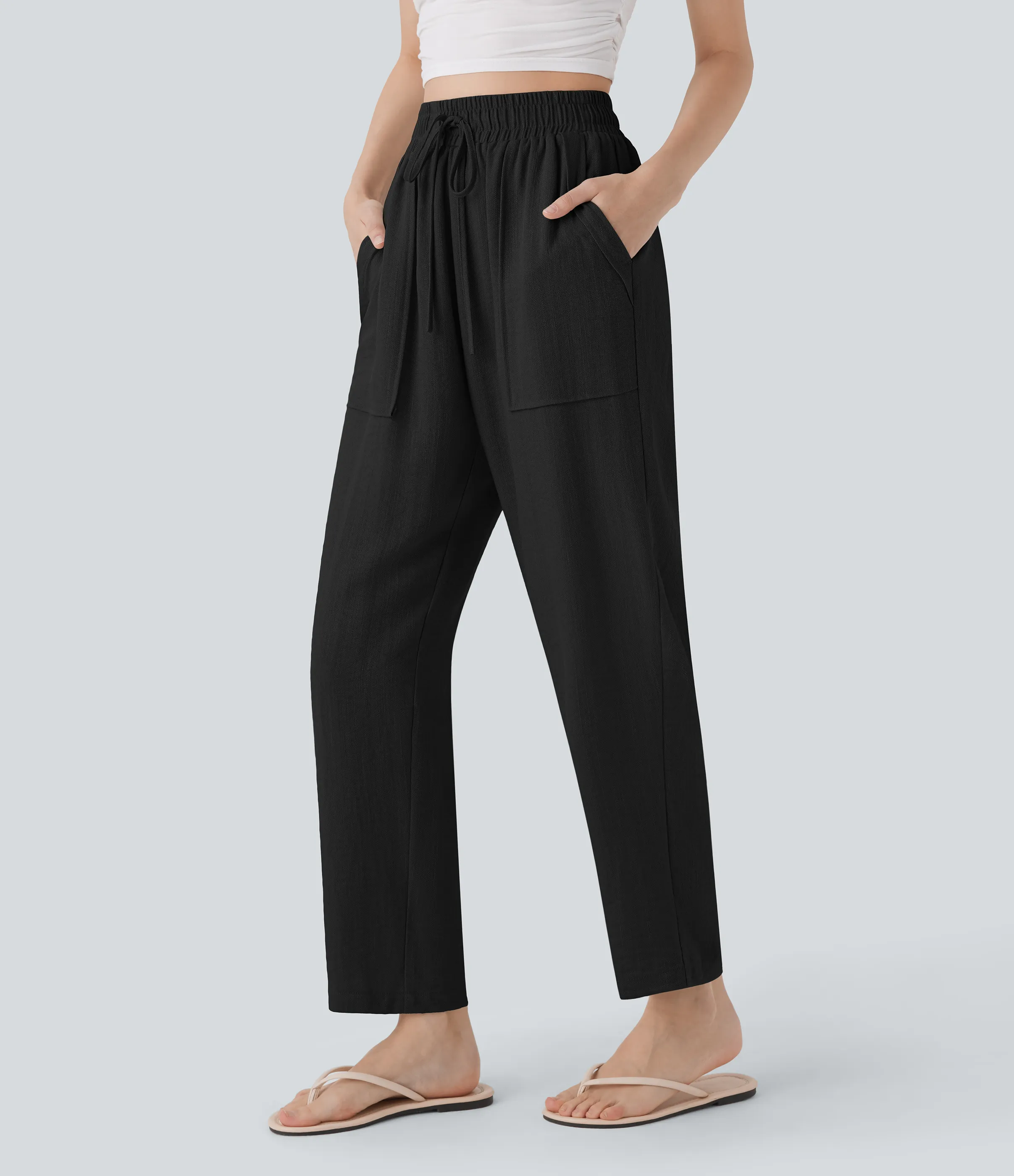 Halara Pantalones casuales de lino de tiro alto con cordón y bolsillos - Black - S(regular) sold by Halara product image thumbnail 4