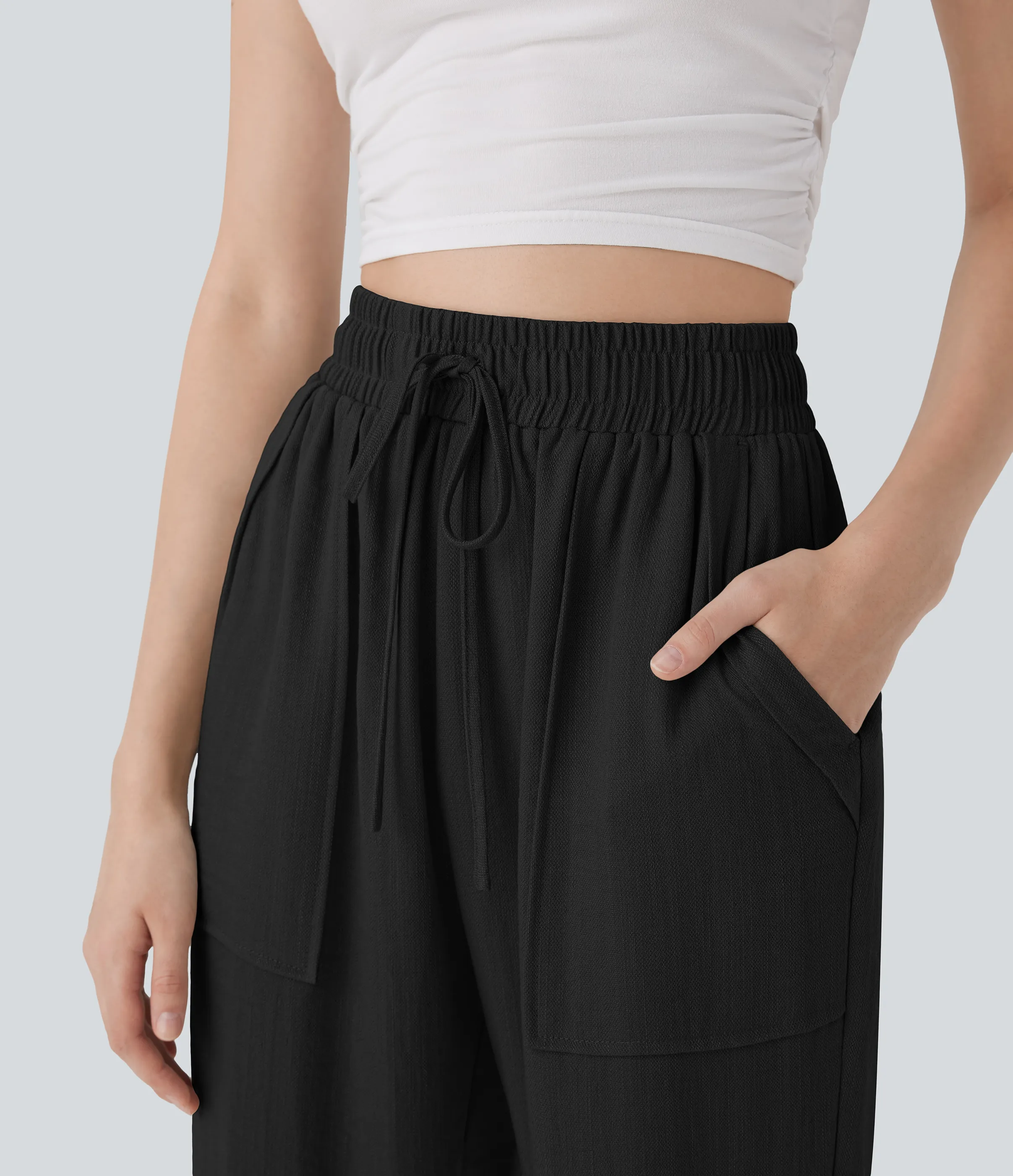 Halara Pantalones casuales de lino de tiro alto con cordón y bolsillos - Black - S(regular) sold by Halara product image thumbnail 5