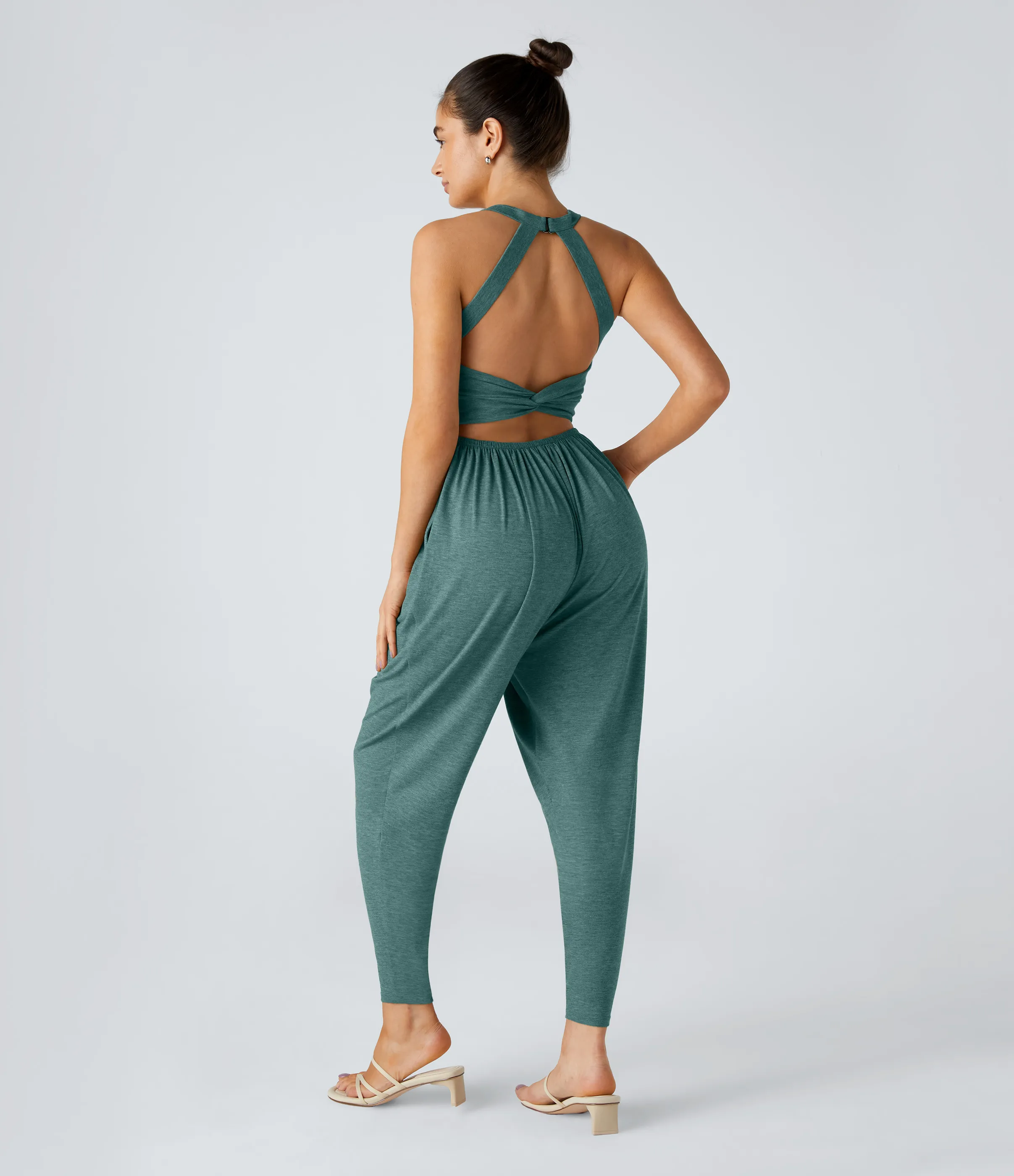 Halara Mono harén bolsillo lateral cuello U torcido sin espalda - Jade Green Floral Yarn - S(regular) sold by Halara product image thumbnail 2