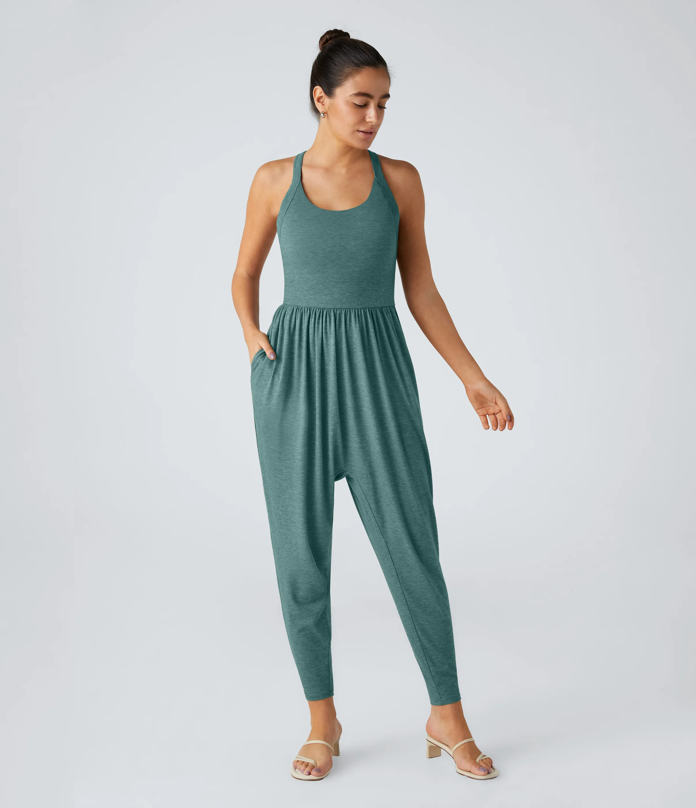 Halara Mono harén bolsillo lateral cuello U torcido sin espalda - Jade Green Floral Yarn - S(regular) sold by Halara product image thumbnail 3