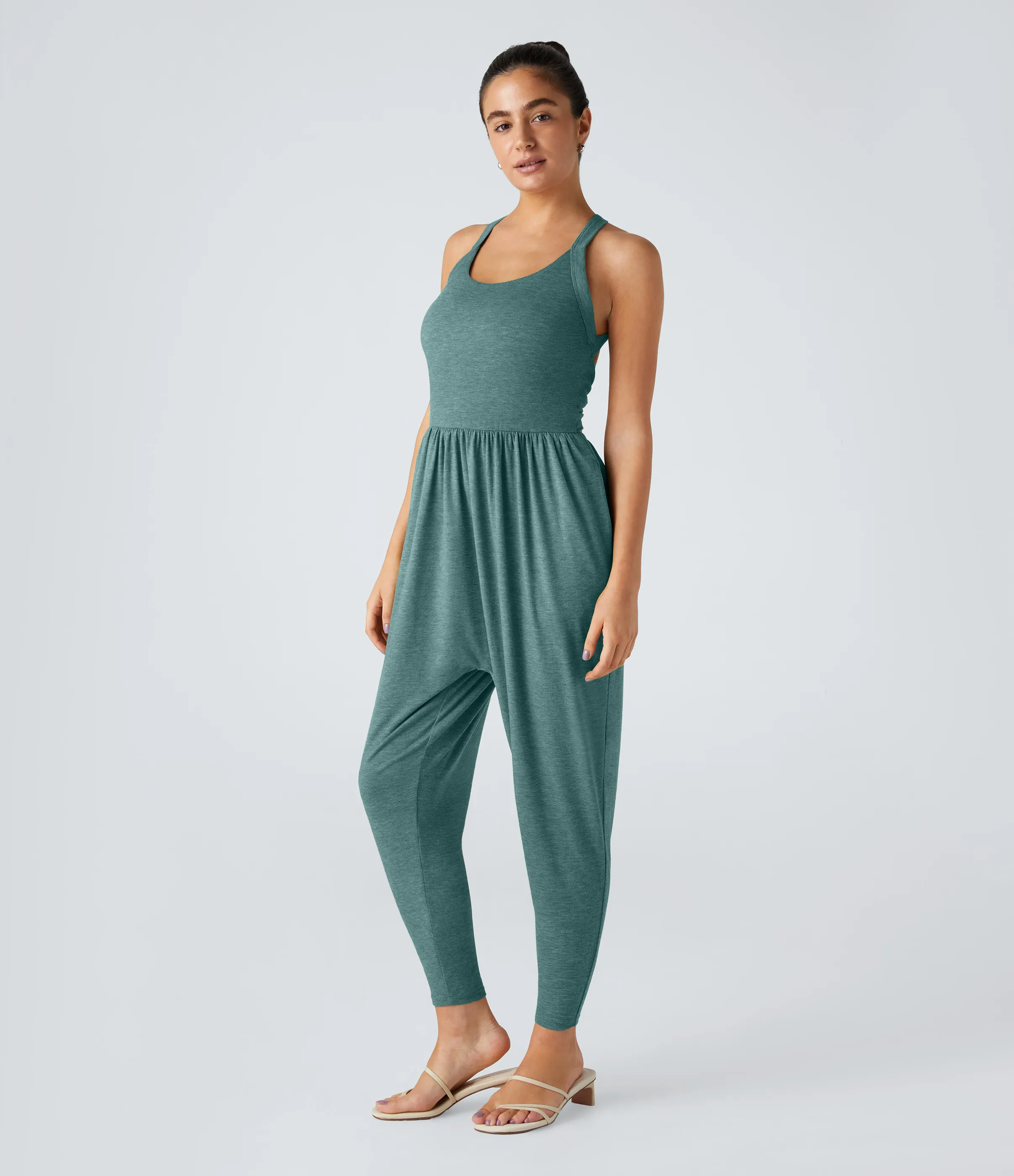 Halara Mono harén bolsillo lateral cuello U torcido sin espalda - Jade Green Floral Yarn - S(regular) sold by Halara product image thumbnail 4