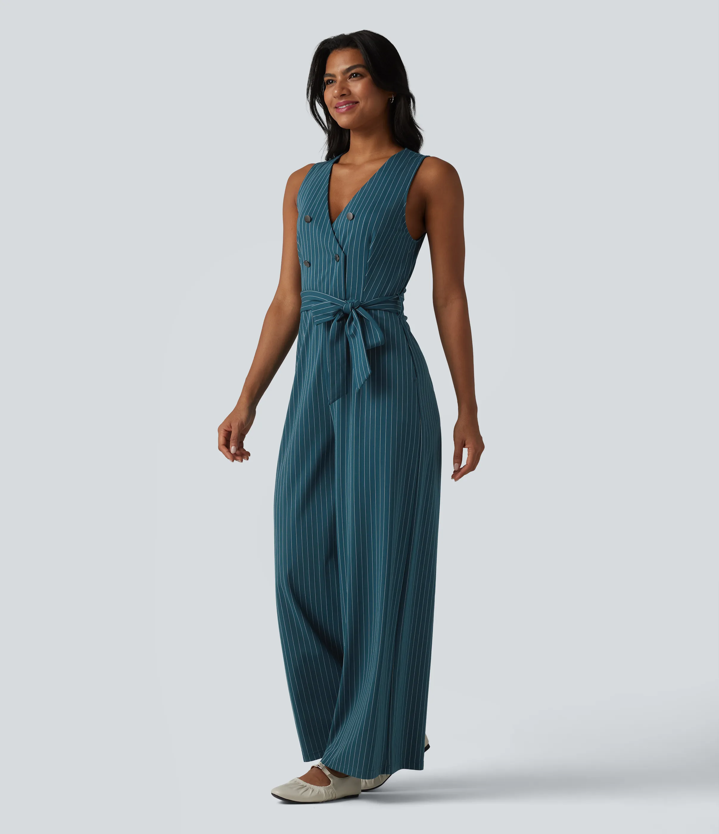 Halara Mono de oficina a rayas sin mangas con cuello en V, botones, cinturón, cremallera invisible de tacto fresco con bolsillos - Easy Peezy - Teal Pinstripe - XL(regular) sold by Halara product image thumbnail 4