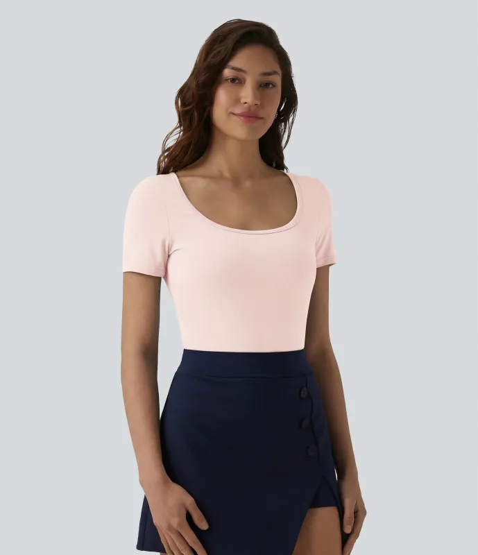 Halara Body oficina ajustado botón presión manga corta cuello U - Sheer Pink - XL made by Halara