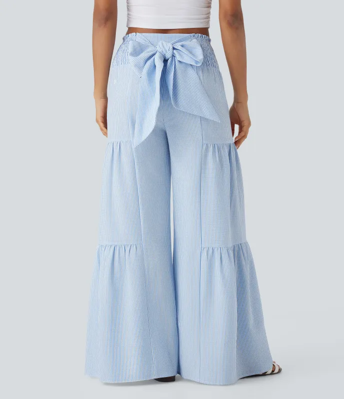 Halara Pantalones anchos casuales de tiro alto con lazo en la espalda, fruncido y rayas fluidas - Azure White Stripe - XL(regular) made by Halara