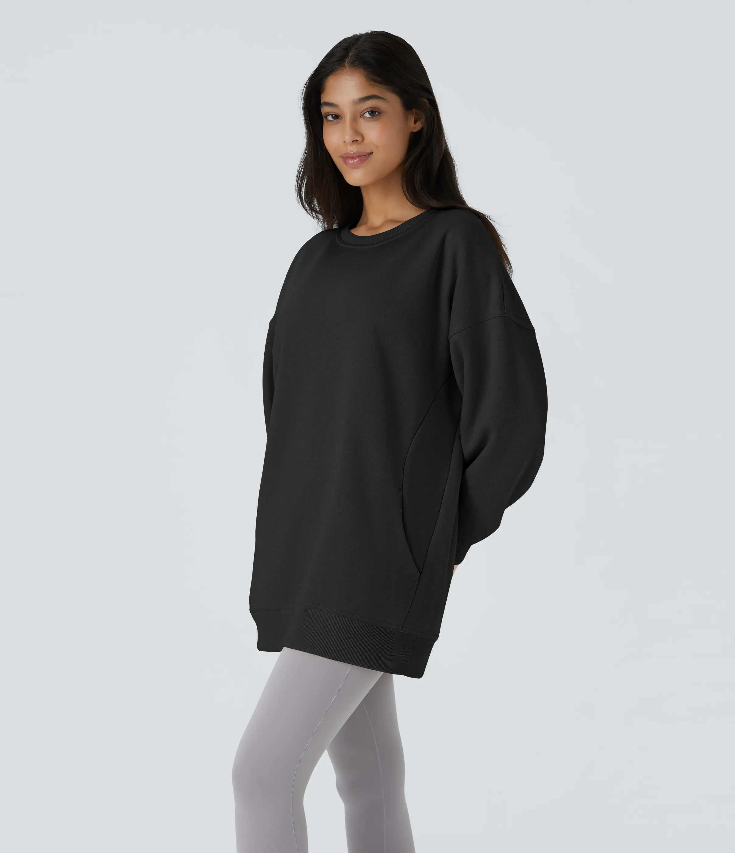 Halara Sudadera polar gran tamaño bolsillo lateral manga larga cuello redondo - Black - L sold by Halara product image thumbnail 4