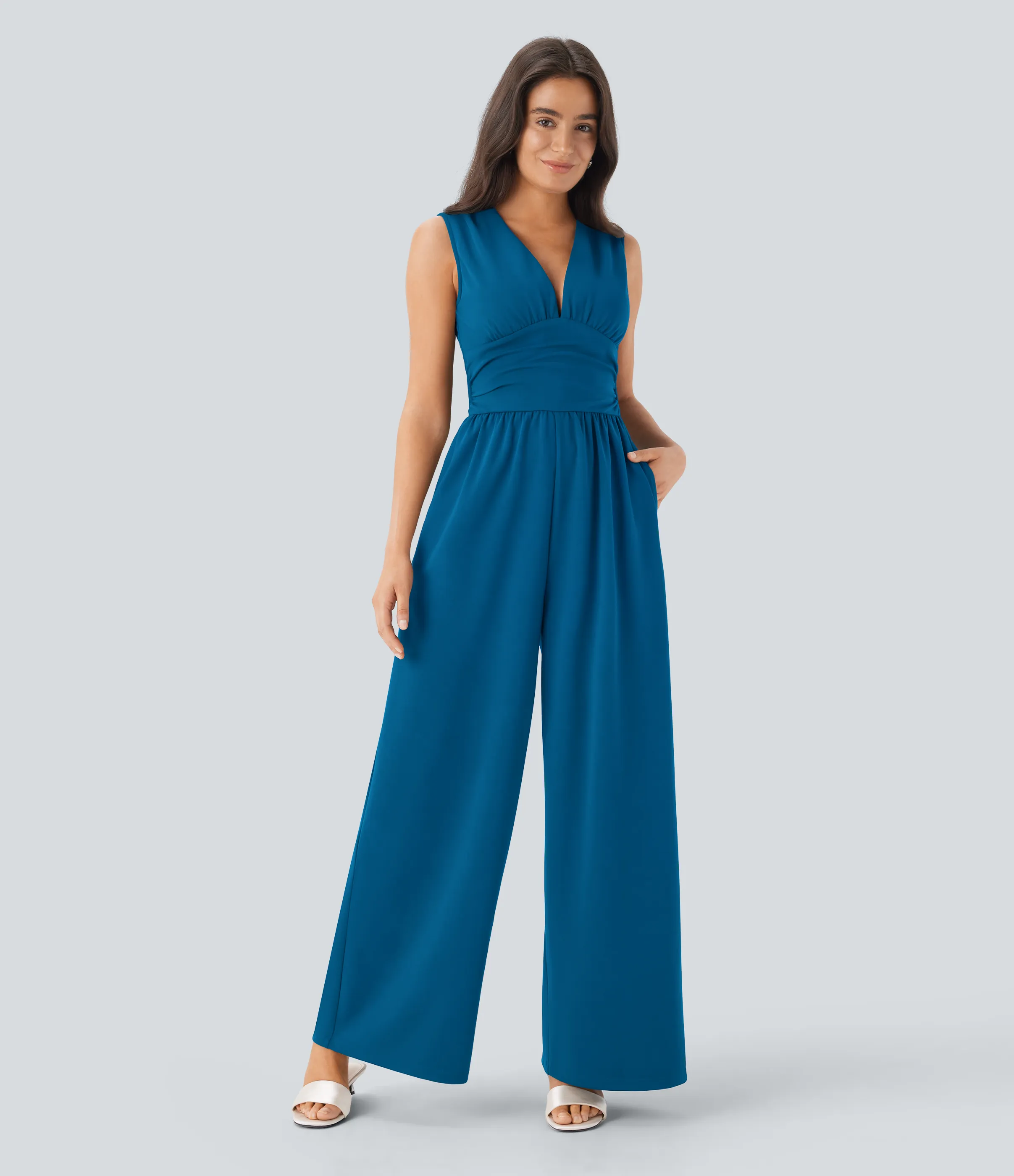 Halara Mono fiesta cuello V sin mangas fruncido lateral cremallera invisible - Easy Peezy - Pacific Blue - XL(petite) sold by Halara product image thumbnail 2