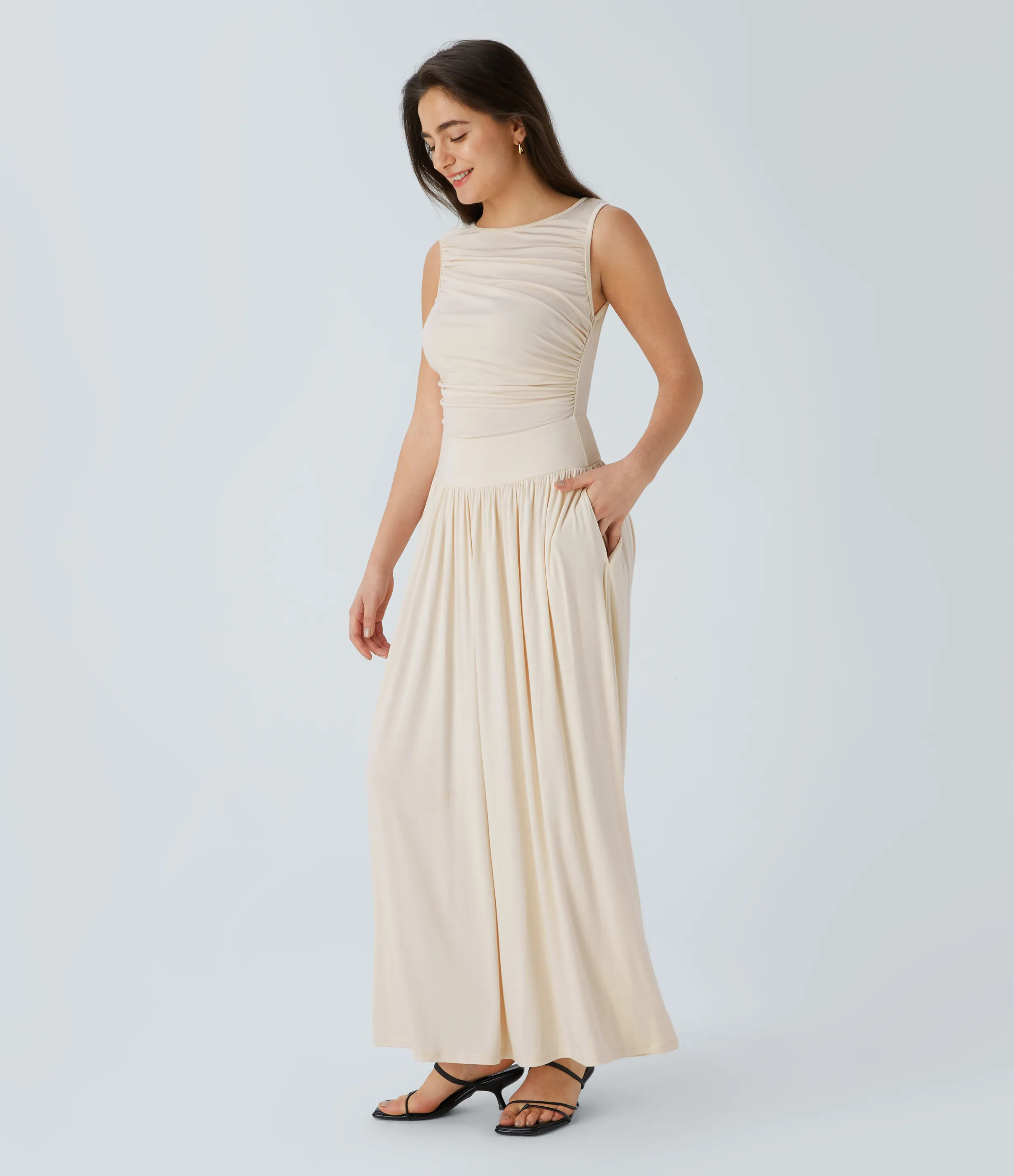 Halara Vestido largo holgado cuello barco acanalado bolsillo lateral fruncido tirante asimétrico - Rice Khaki - XS sold by Halara product image thumbnail 4