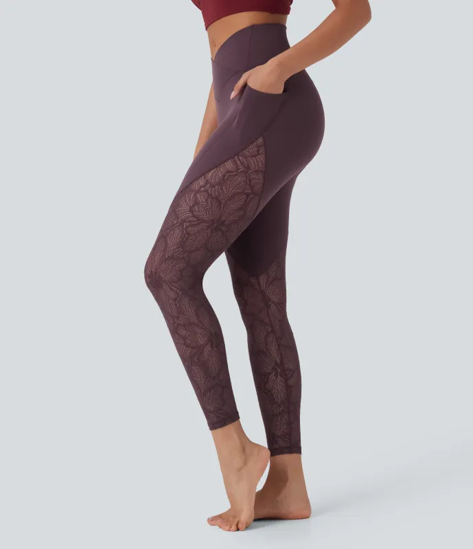 Halara Leggings Softlyzero™ yoga tiro alto bolsillo lateral cruzado encaje contrastante 7/8 - UPF50+ - Dusky Evening purple - S(7/8) made by Halara