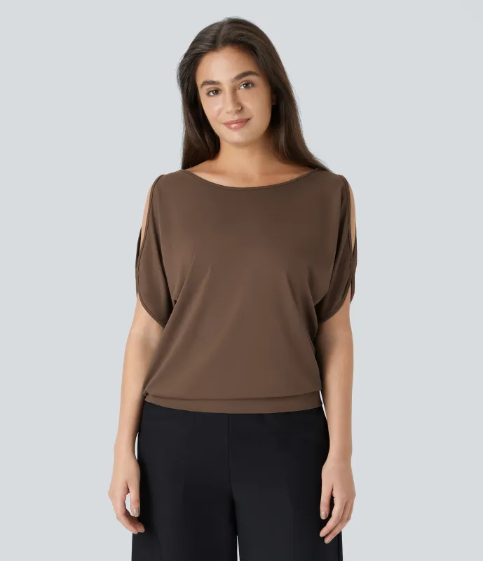 Halara Camiseta abertura manga corta cuello barco - Coffee - L made by Halara