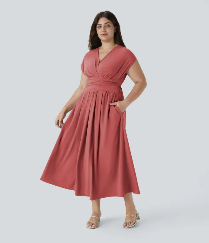 Halara Vestido midi Breezeful™ talla grande cuello V manga corta bolsillo lateral lazo espalda secado rápido - Kapok Red - 1X made by Halara