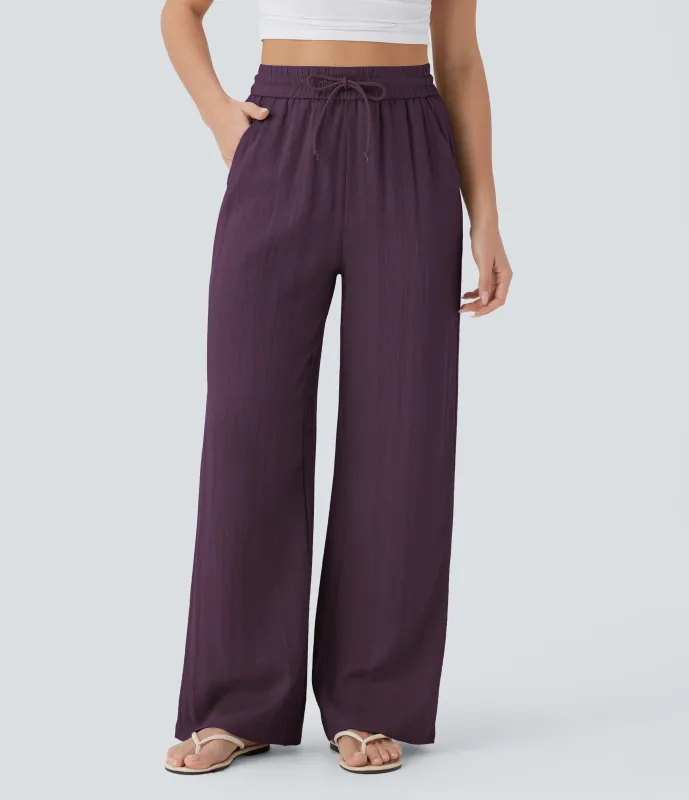 Halara Pantalón lino tiro alto cordón ajustable bolsillo lateral pierna ancha - Italian Plum - XL(regular) made by Halara