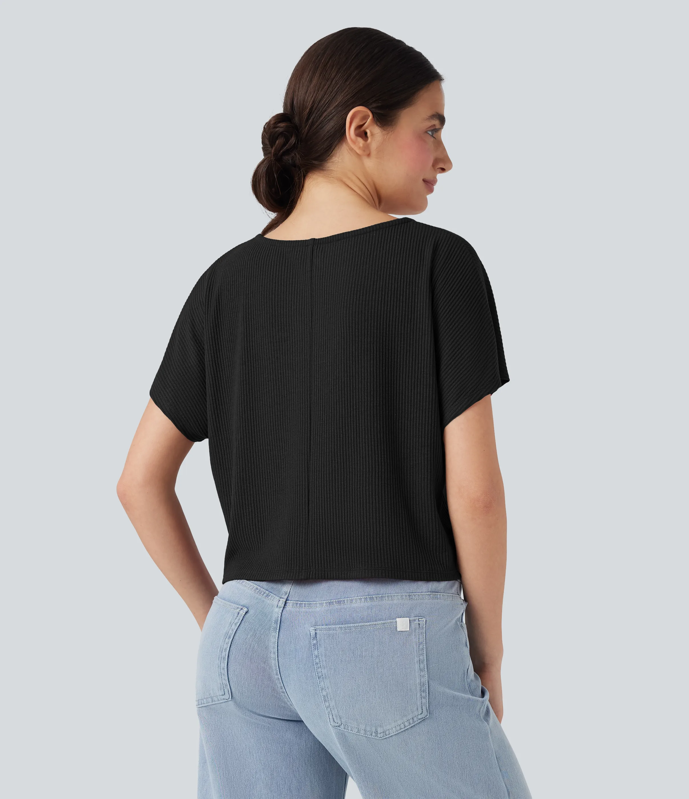 Halara Camiseta casual holgada de punto acanalado con mangas de murciélago - Black - S sold by Halara product image thumbnail 3