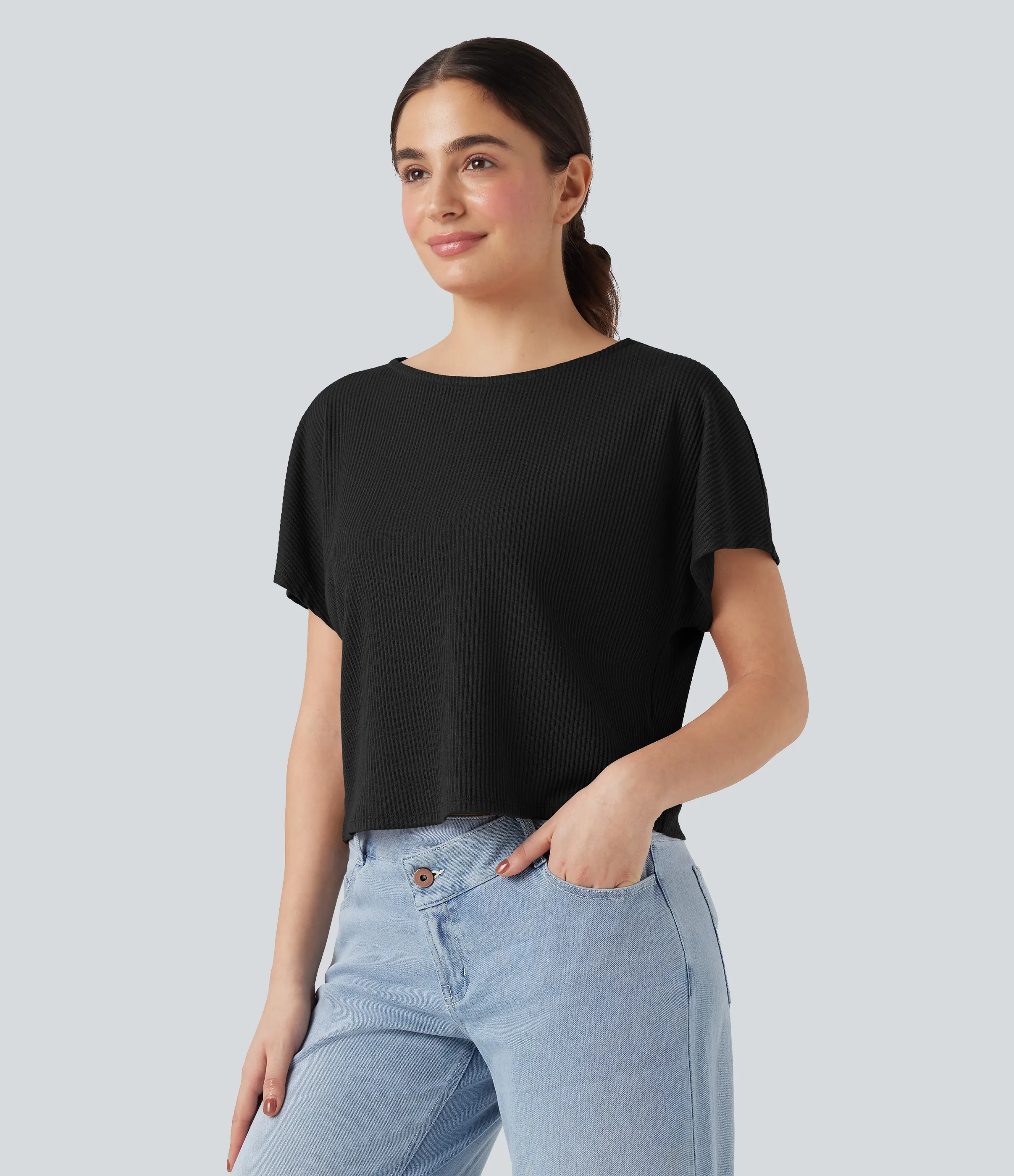 Halara Camiseta casual holgada de punto acanalado con mangas de murciélago - Black - S sold by Halara product image thumbnail 4