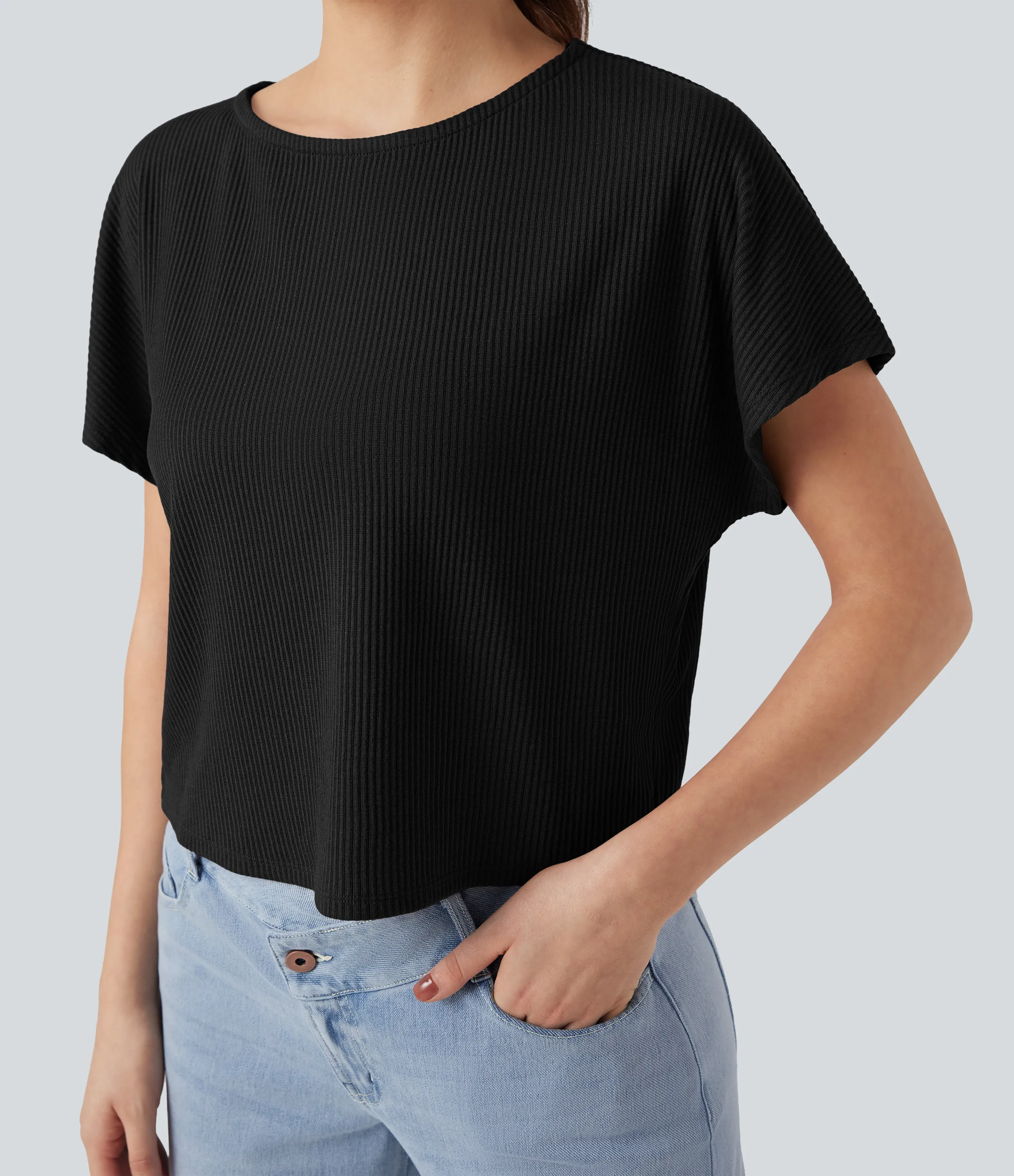 Halara Camiseta casual holgada de punto acanalado con mangas de murciélago - Black - S sold by Halara product image thumbnail 5