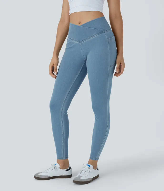Halara Leggings Halara Flex™ Denim oficina mezclilla elástico lavado bolsillo lateral cruzado - Washed Denim Sunny Blue - XS(full_length) made by Halara