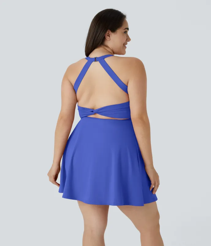 Halara Vestido talla grande ejercicio 2 en 1 corte bolsillo lateral retorcido sin espalda-Easy Peezy - Aster Blue - 2X made by Halara