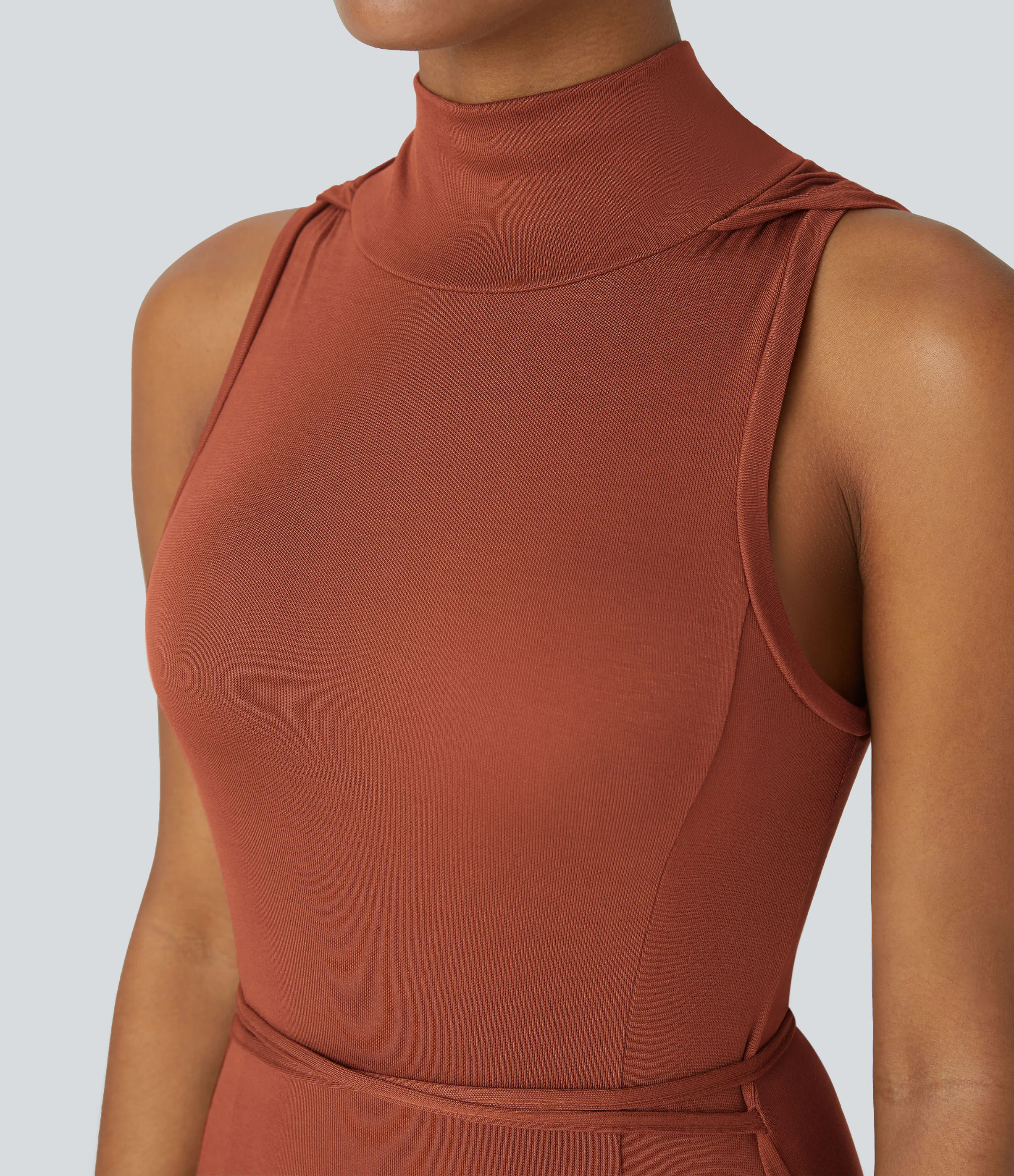 Halara Vestido media pierna 2 piezas abertura lazo espalda sin mangas cuello alto capucha canalé - Picante - M sold by Halara product image thumbnail 5