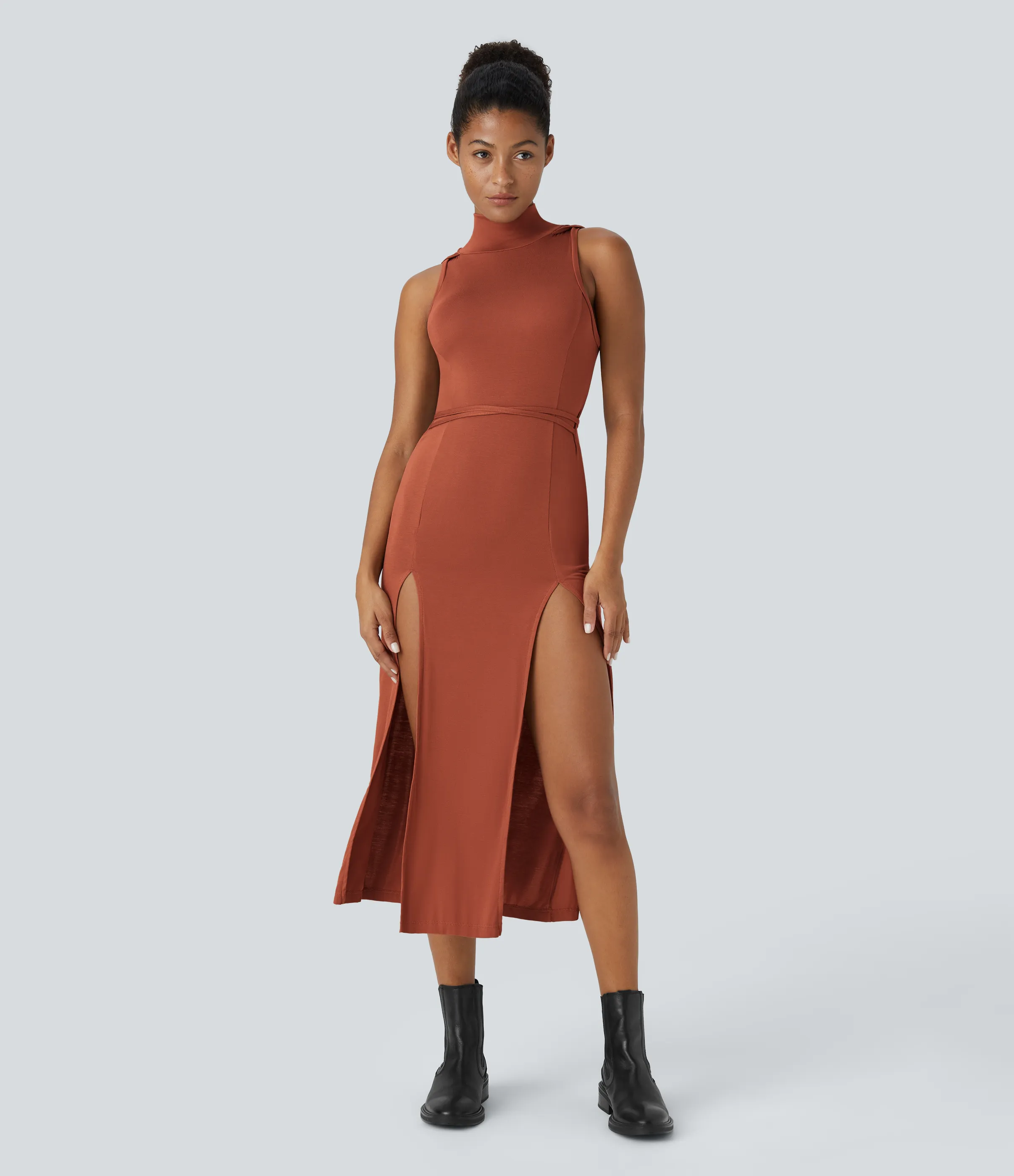 Halara Vestido media pierna 2 piezas abertura lazo espalda sin mangas cuello alto capucha canalé - Picante - XL sold by Halara product image thumbnail 2