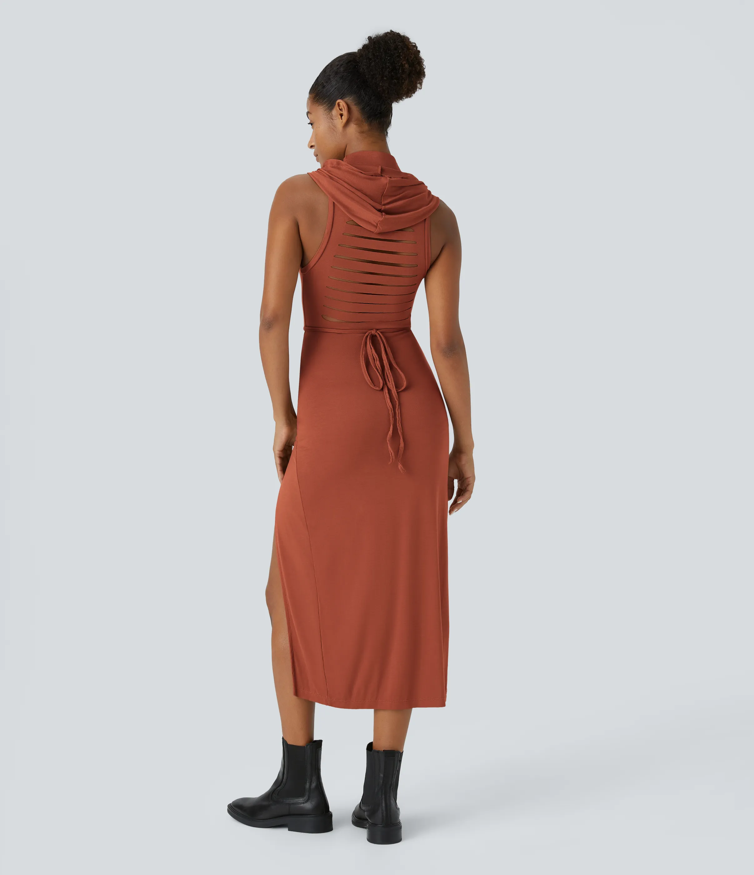 Halara Vestido media pierna 2 piezas abertura lazo espalda sin mangas cuello alto capucha canalé - Picante - XL sold by Halara product image thumbnail 3