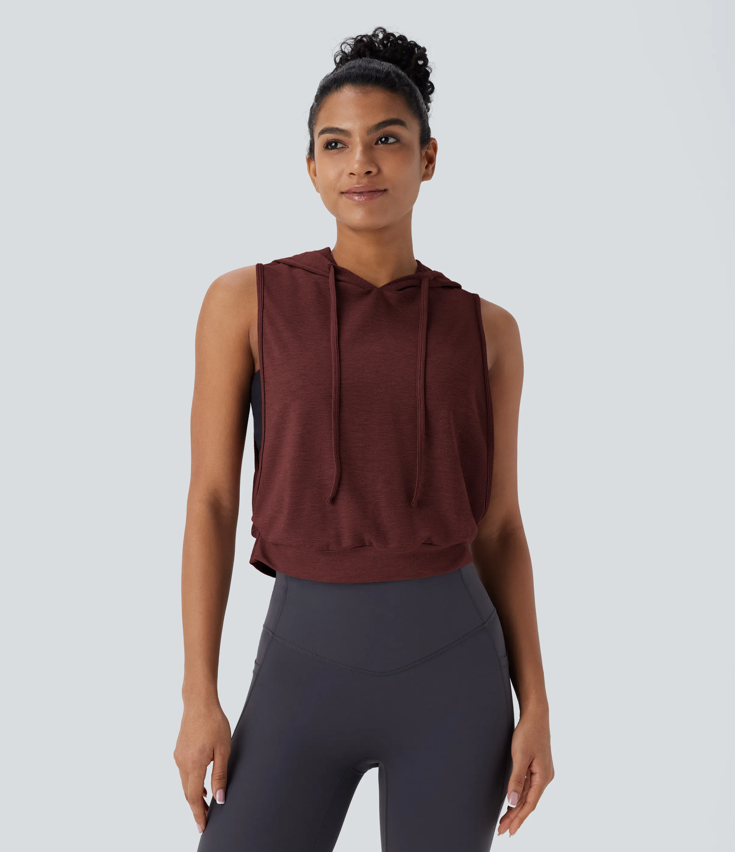 Halara Camiseta sin mangas corta correr capucha cordón ajustable - Mottled Sandalwood Red - S sold by Halara product image thumbnail 2