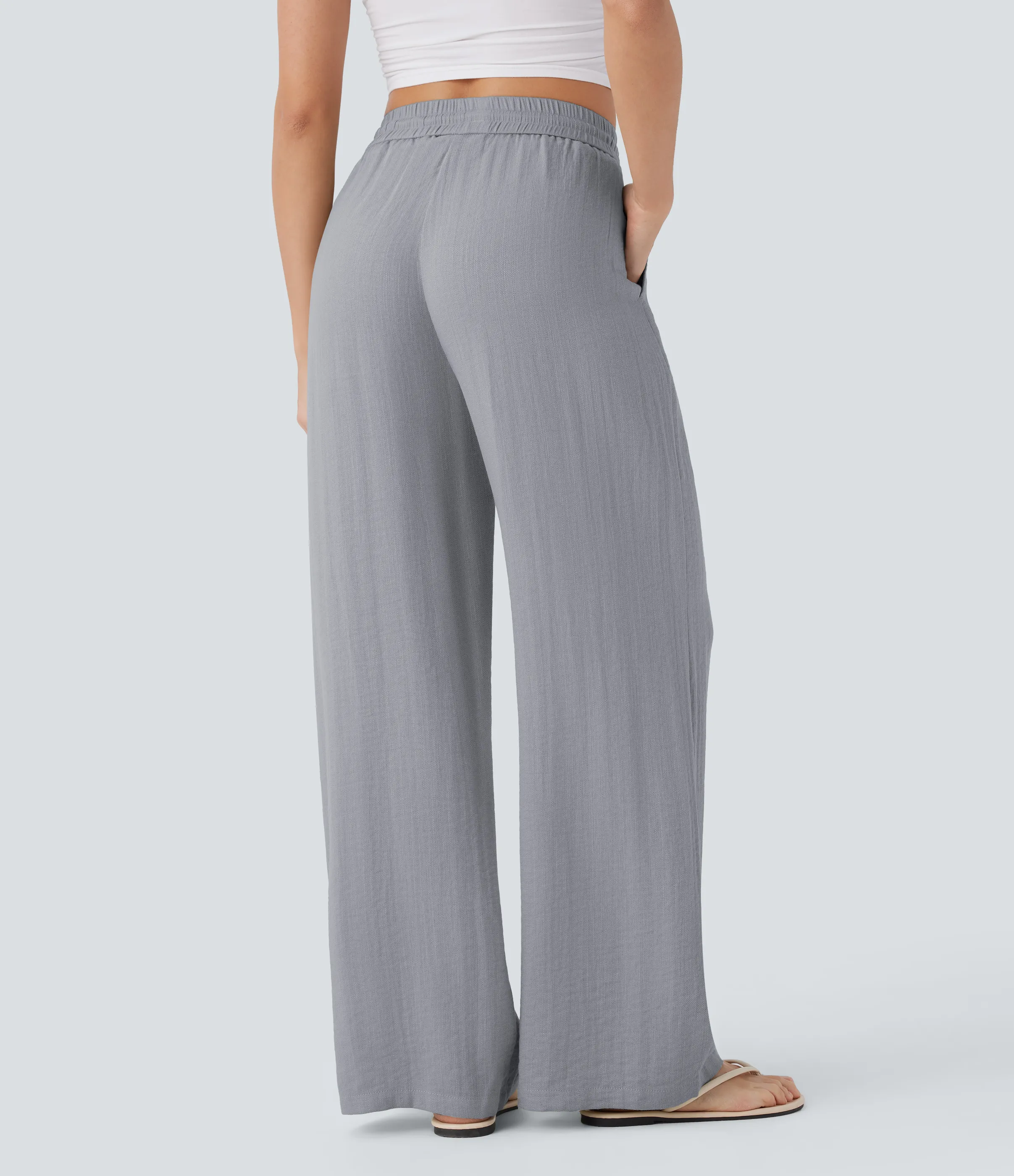 Halara Pantalón lino tiro alto cordón ajustable bolsillo lateral pierna ancha - Steel Gray - XS(petite) sold by Halara product image thumbnail 3
