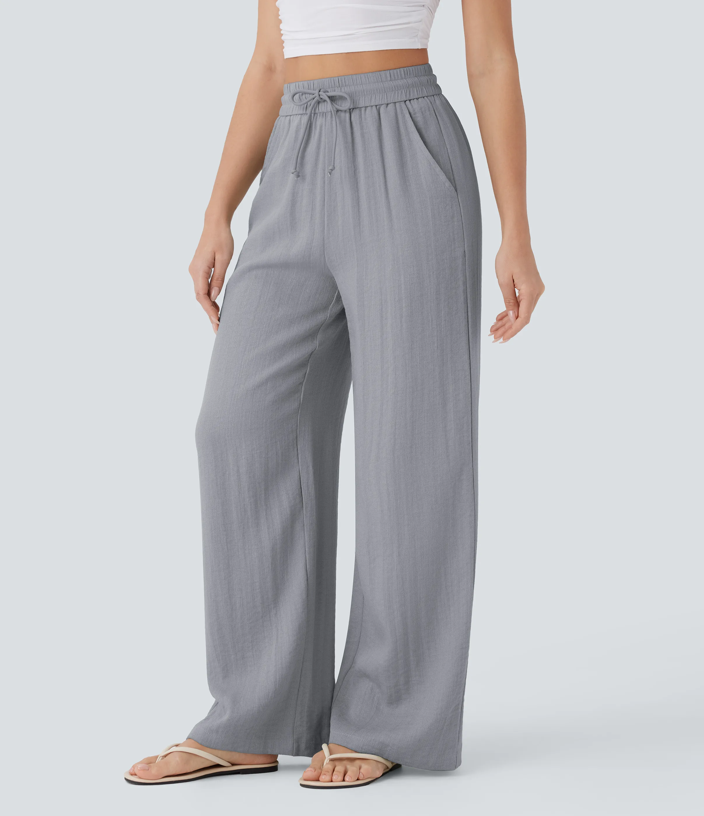 Halara Pantalón lino tiro alto cordón ajustable bolsillo lateral pierna ancha - Steel Gray - XS(petite) sold by Halara product image thumbnail 4