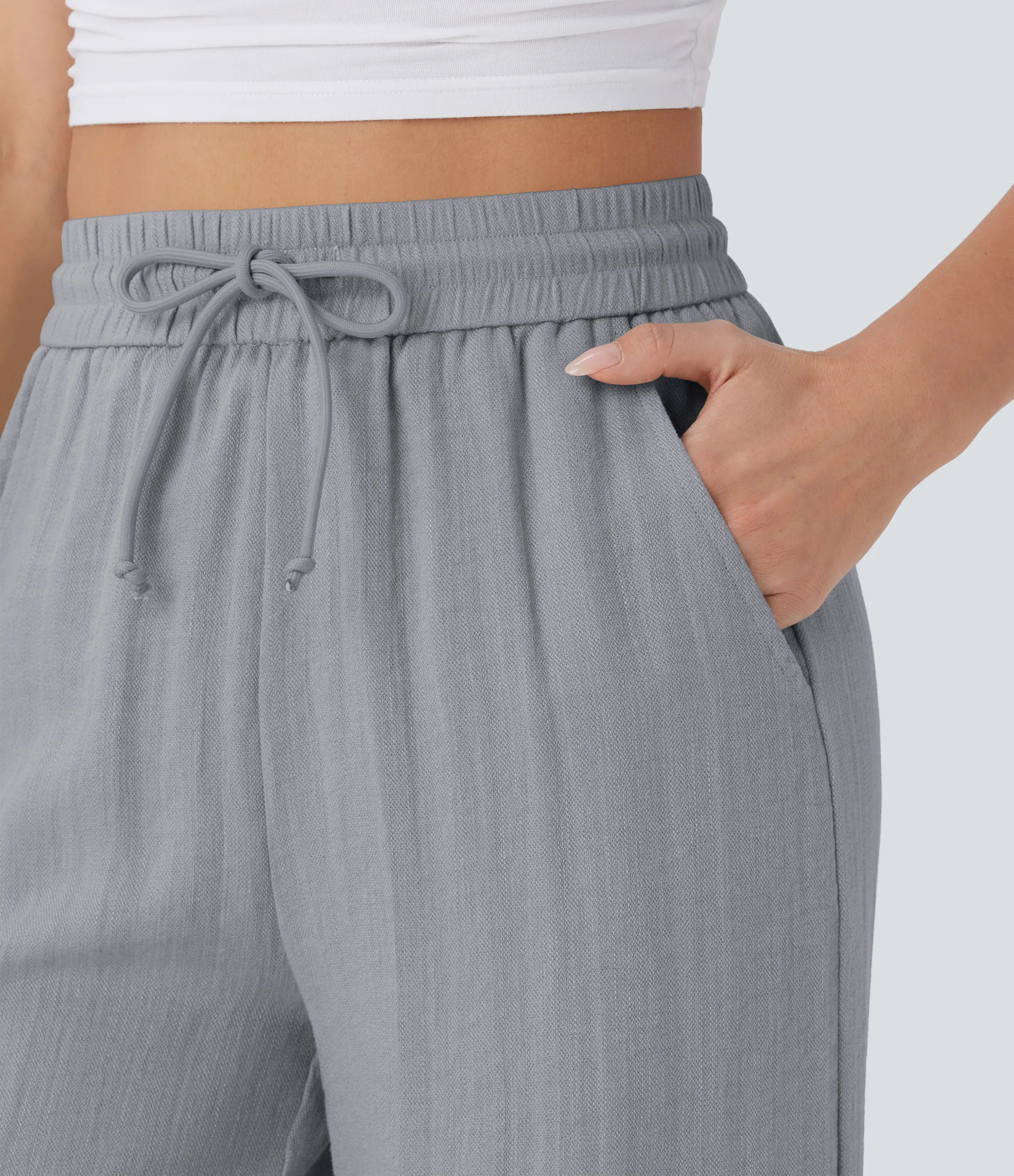 Halara Pantalón lino tiro alto cordón ajustable bolsillo lateral pierna ancha - Steel Gray - XS(petite) sold by Halara product image thumbnail 5