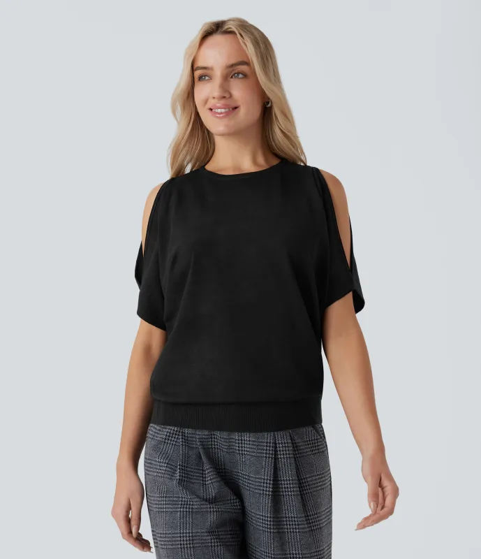 Halara Suéter oficina manga corta cuello redondo sin hombro - Black - XS made by Halara